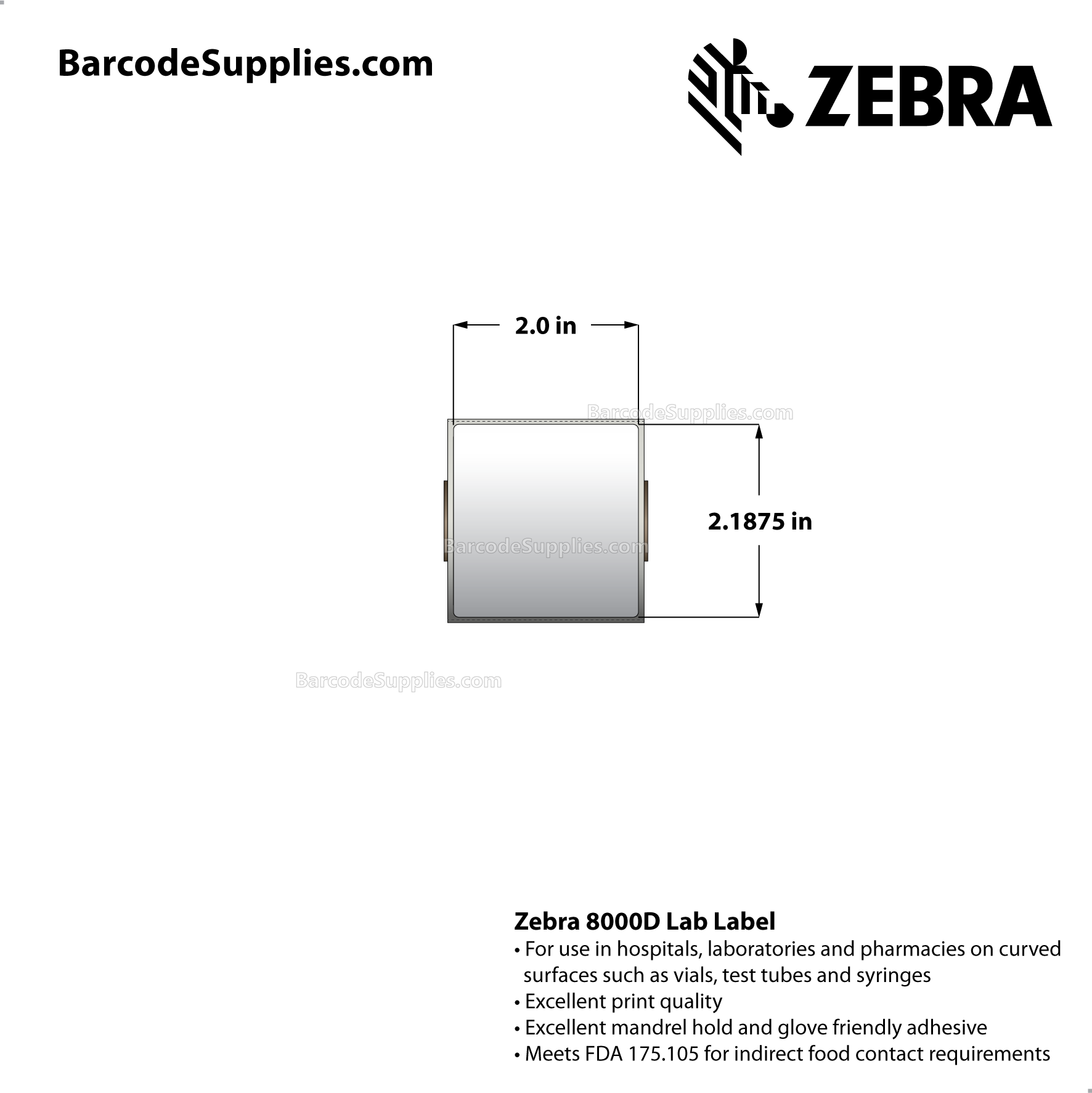 2 x 2.1875 Direct Thermal White 8000D Lab Labels With High-tack Adhesive - Perforated - 200 Labels Per Roll - Carton Of 12 Rolls - 2400 Labels Total - MPN: 10015780