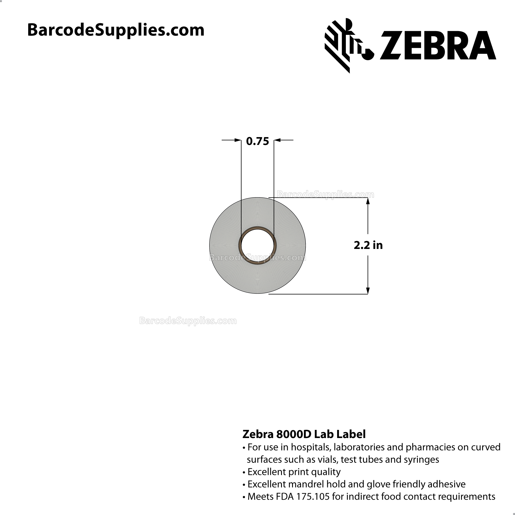 2 x 2.1875 Direct Thermal White 8000D Lab Labels With High-tack Adhesive - Perforated - 200 Labels Per Roll - Carton Of 12 Rolls - 2400 Labels Total - MPN: 10015780