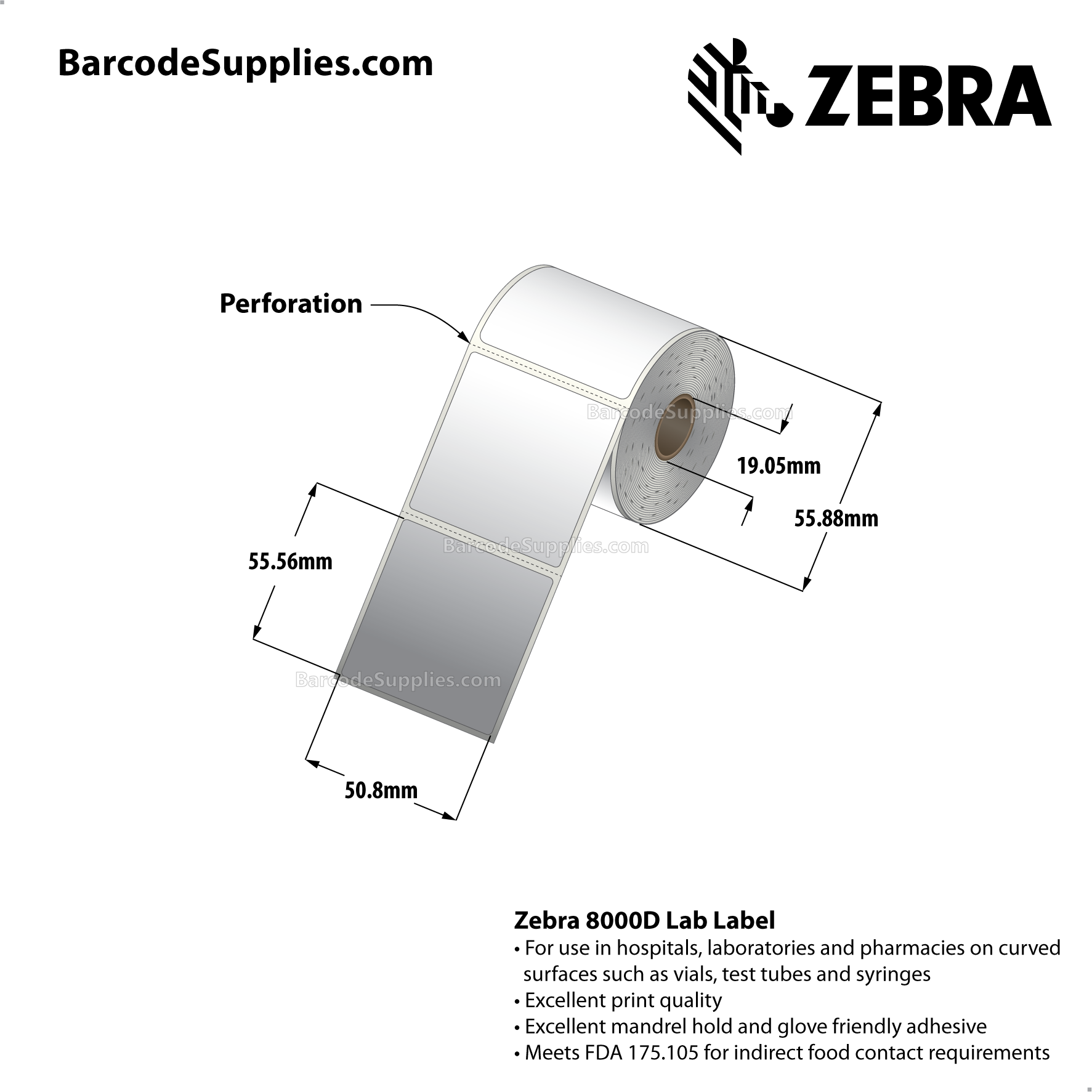 2 x 2.1875 Direct Thermal White 8000D Lab Labels With High-tack Adhesive - Perforated - 200 Labels Per Roll - Carton Of 12 Rolls - 2400 Labels Total - MPN: 10015780