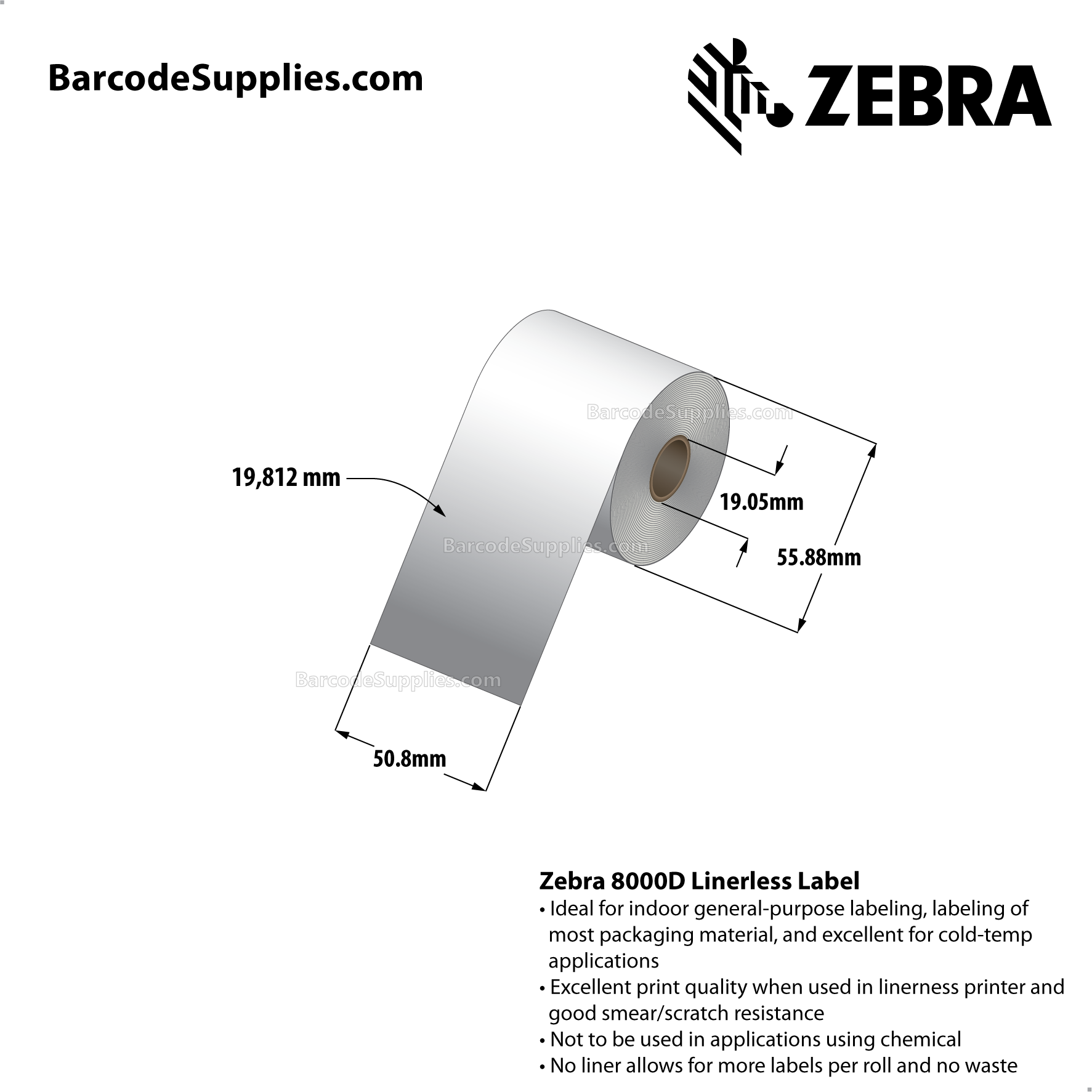 2 x 65' Direct Thermal White 8000D Linerless Labels With Permanent Adhesive - Requires linerless roller - Continuous - Labels Per Roll - Carton Of 36 Rolls - 0 Labels Total - MPN: LD-R2LS5W