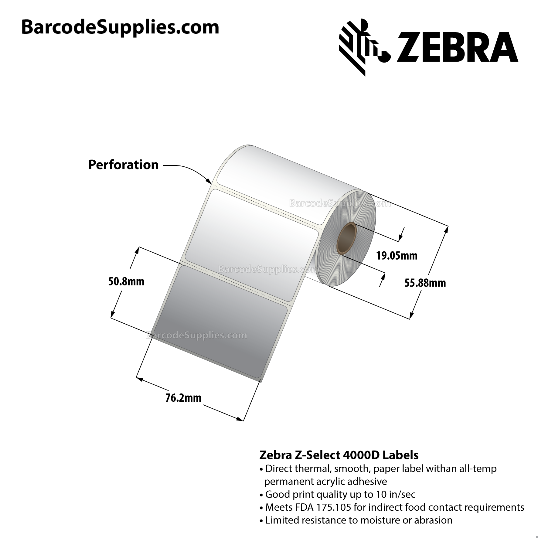 Products 3 x 2 Direct Thermal White Z-Select 4000D Labels With All-Temp Adhesive - Perforated - 210 Labels Per Roll - Carton Of 36 Rolls - 7560 Labels Total - MPN: 10001962