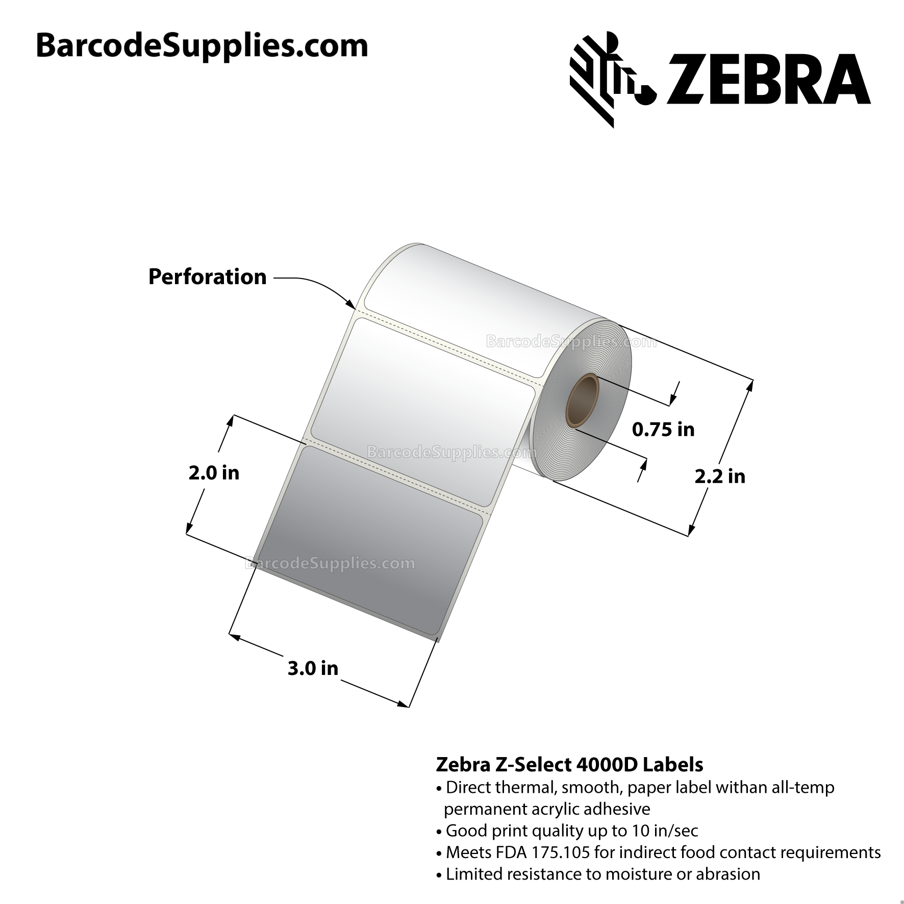 Products 3 x 2 Direct Thermal White Z-Select 4000D Labels With All-Temp Adhesive - Perforated - 210 Labels Per Roll - Carton Of 36 Rolls - 7560 Labels Total - MPN: 10001962