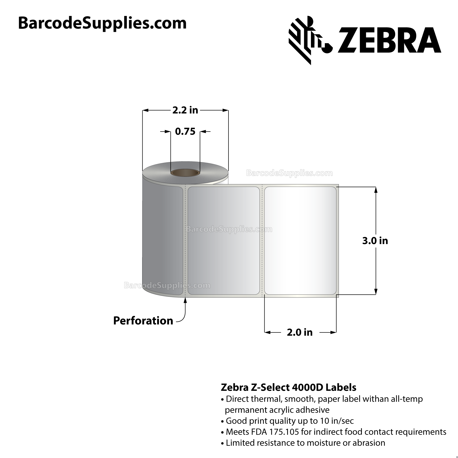 Products 3 x 2 Direct Thermal White Z-Select 4000D Labels With All-Temp Adhesive - Perforated - 210 Labels Per Roll - Carton Of 36 Rolls - 7560 Labels Total - MPN: 10001962