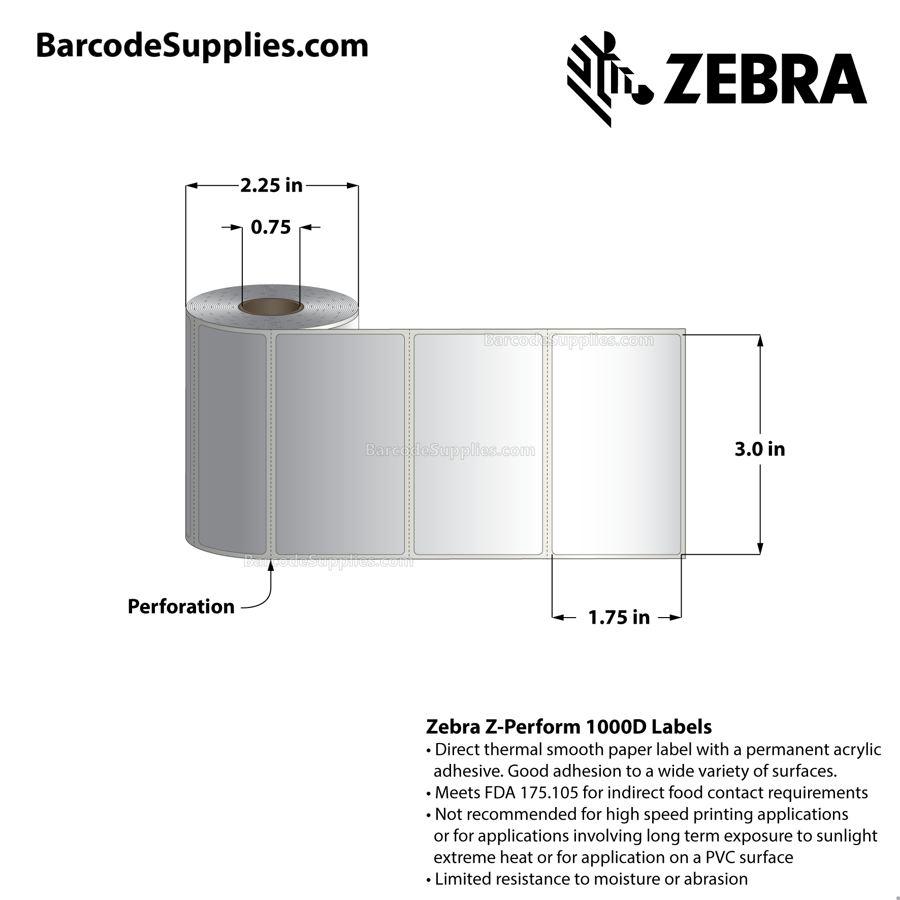 3 x 1.75 Direct Thermal White Z-Perform 1000D Labels With Permanent Adhesive - Perforated - 260 Labels Per Roll - Carton Of 36 Rolls - 9360 Labels Total - MPN: 10026371