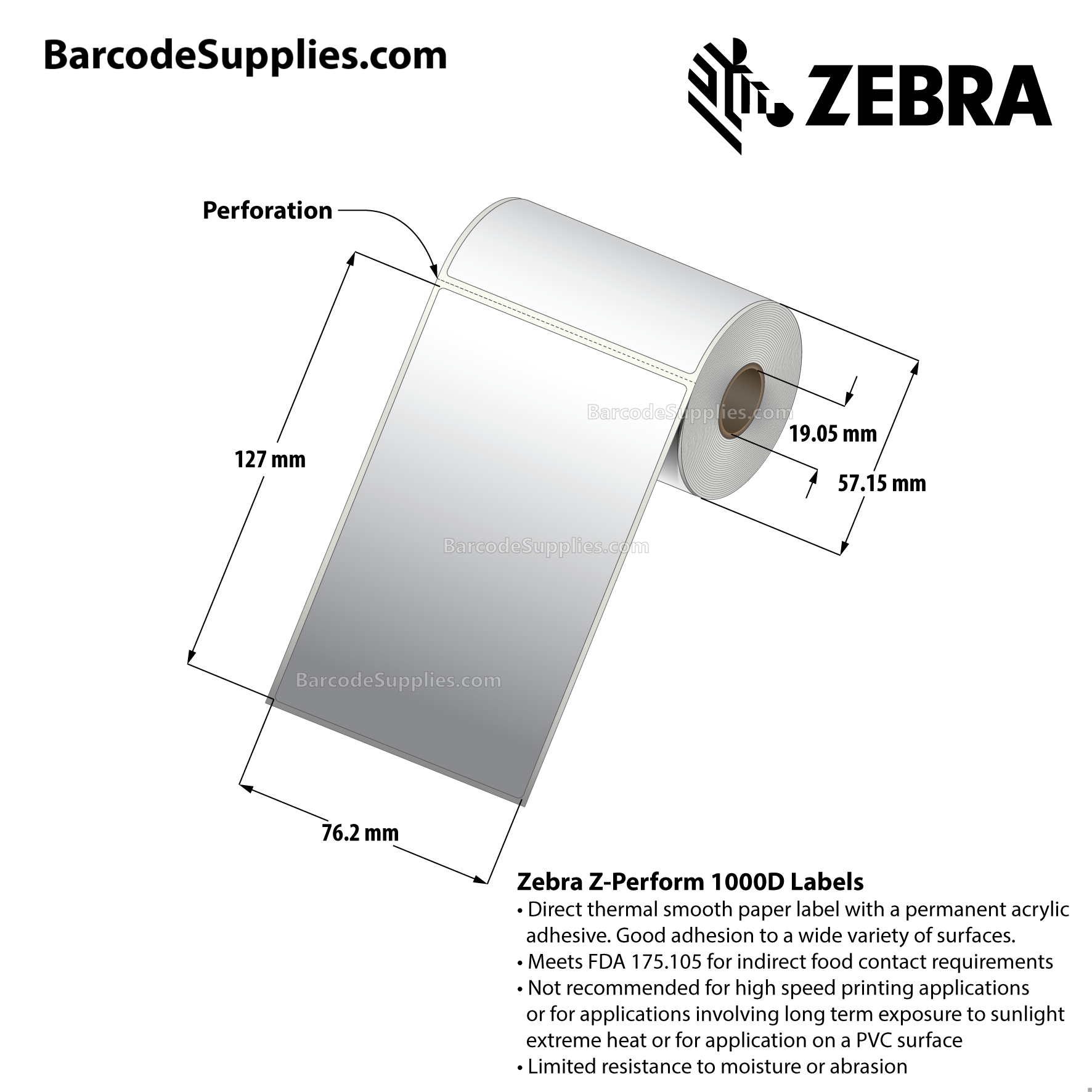 3 x 5 Direct Thermal White Z-Perform 1000D Labels With Permanent Adhesive - Perforated - 95 Labels Per Roll - Carton Of 36 Rolls - 3420 Labels Total - MPN: 10026370