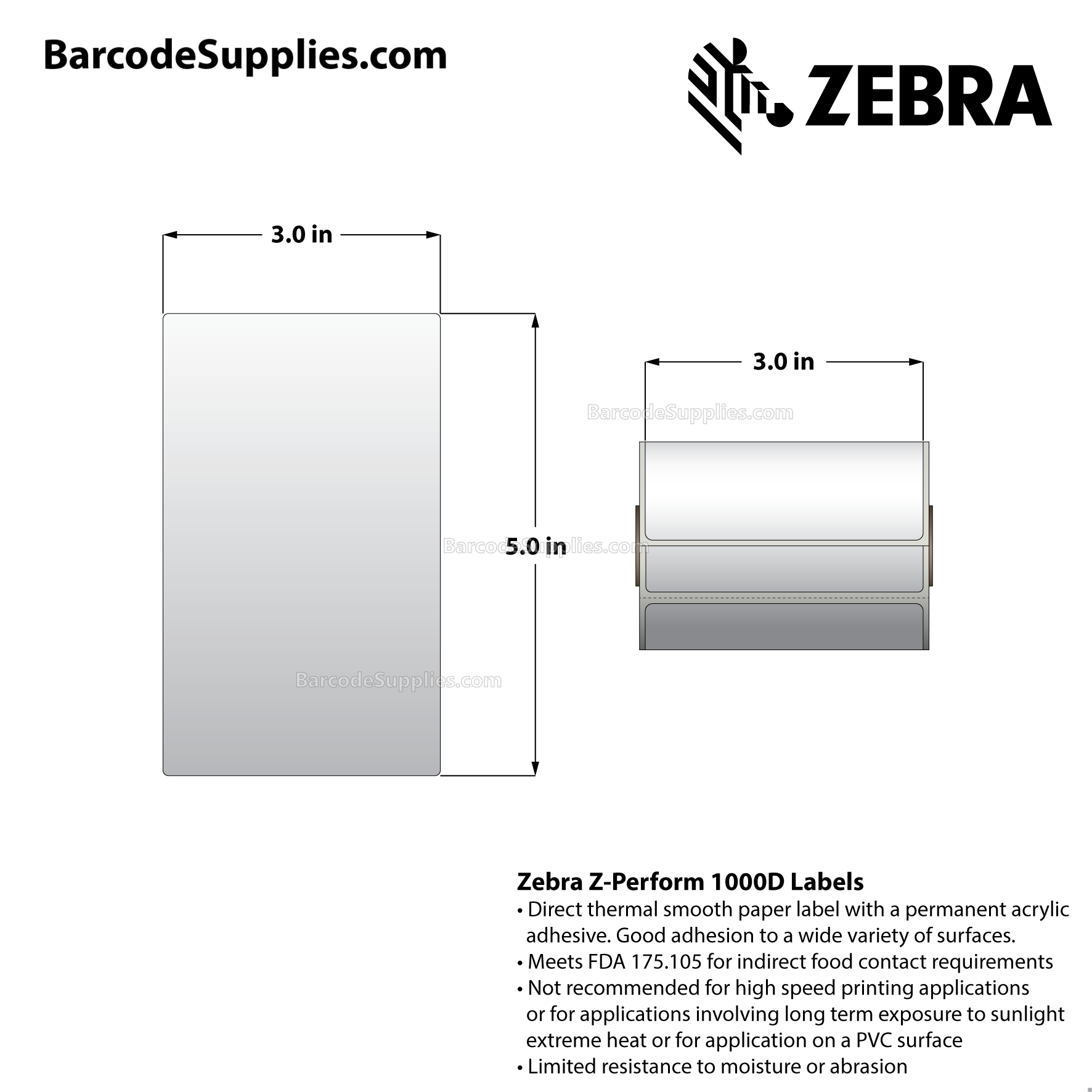 3 x 5 Direct Thermal White Z-Perform 1000D Labels With Permanent Adhesive - Perforated - 95 Labels Per Roll - Carton Of 36 Rolls - 3420 Labels Total - MPN: 10026370