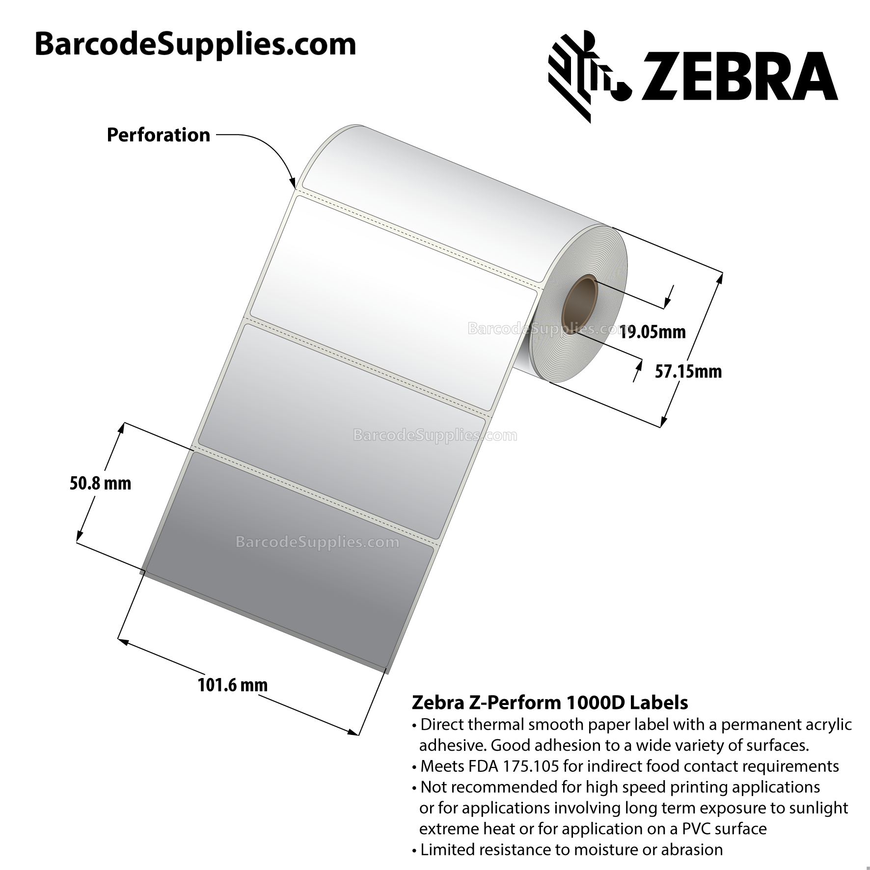 4 x 2 Direct Thermal White Z-Perform 1000D Labels With Permanent Adhesive - Perforated - 230 Labels Per Roll - Carton Of 36 Rolls - 8280 Labels Total - MPN: 10026372