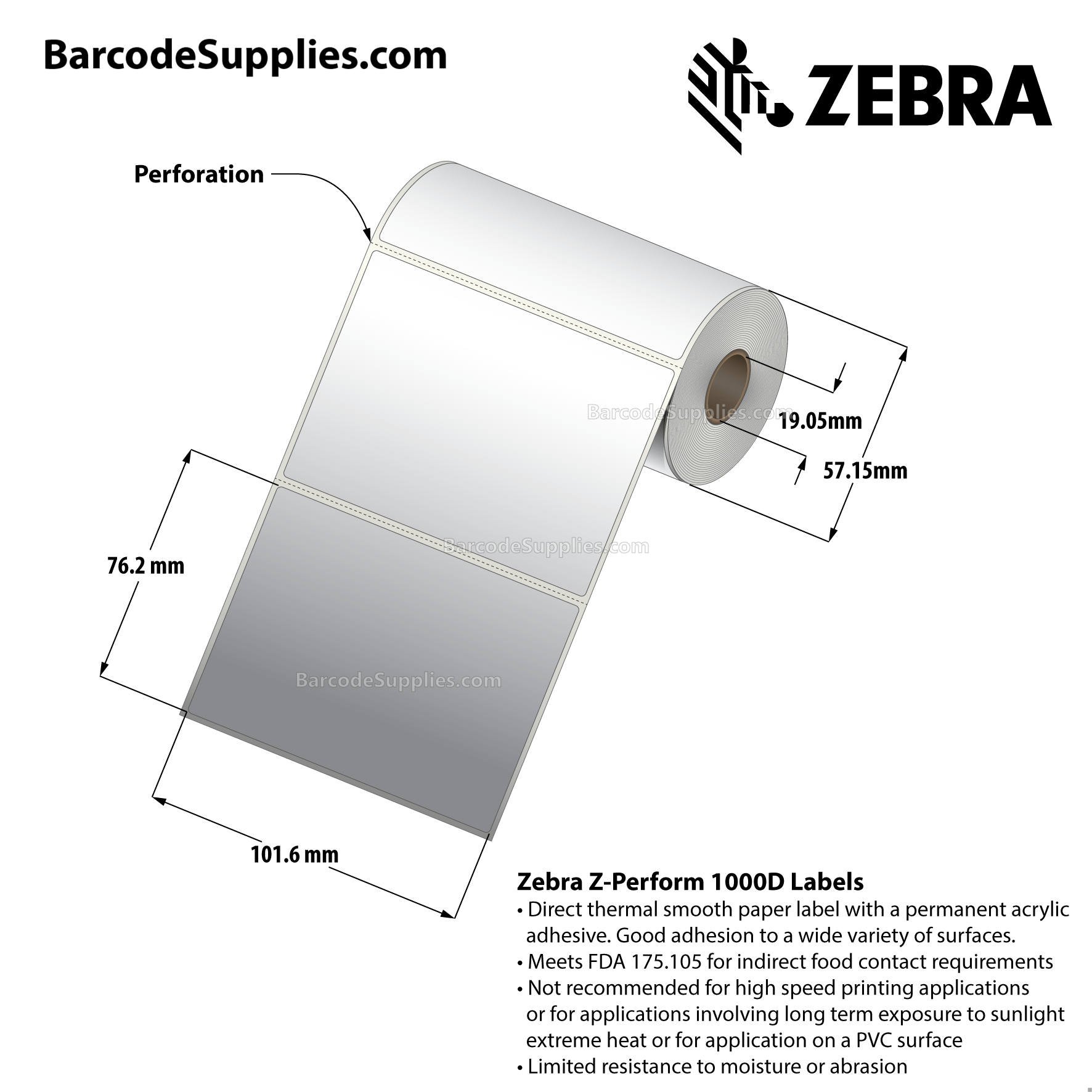 4 x 3 Direct Thermal White Z-Perform 1000D Labels With Permanent Adhesive - Perforated - 155 Labels Per Roll - Carton Of 36 Rolls - 5580 Labels Total - MPN: 10026373