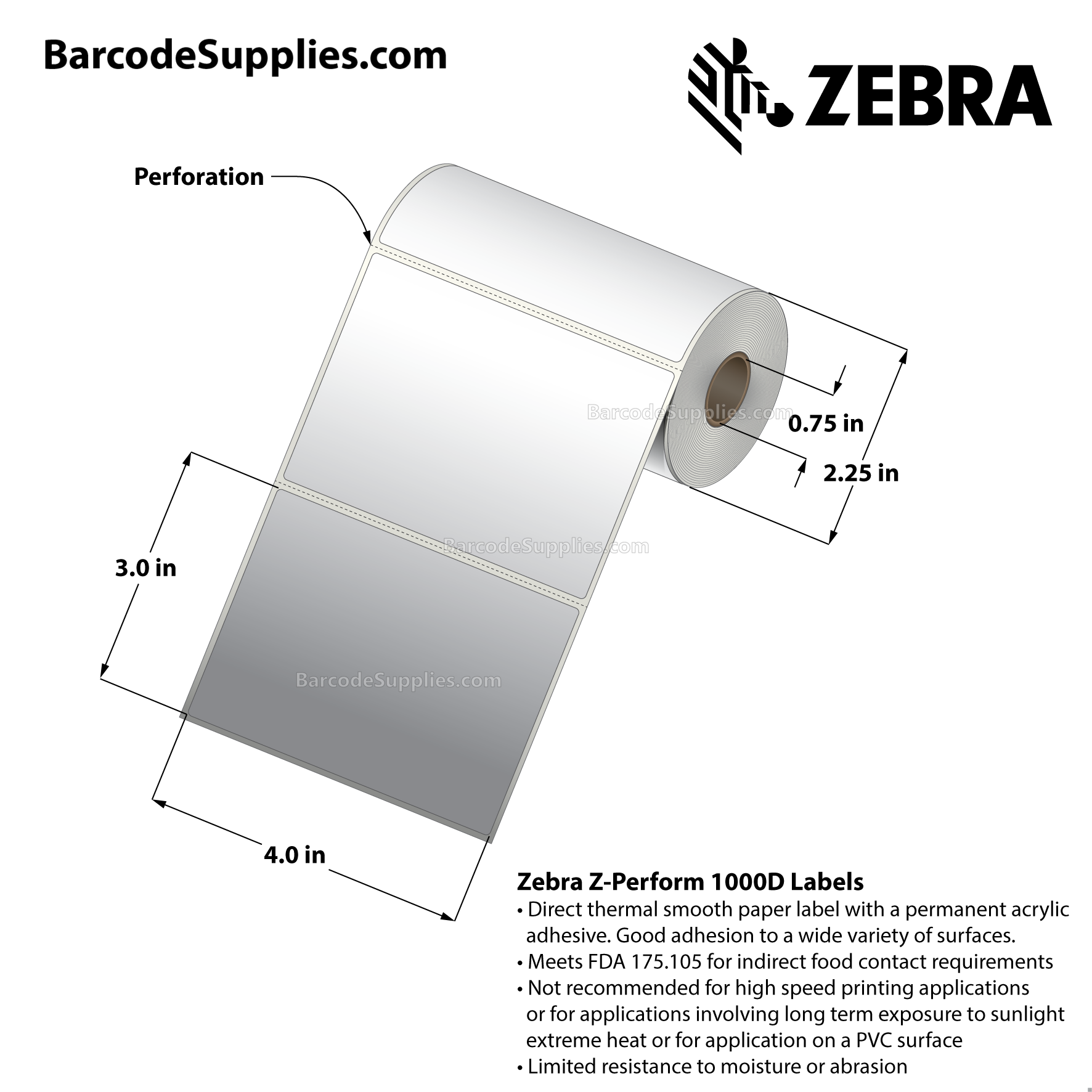 4 x 3 Direct Thermal White Z-Perform 1000D Labels With Permanent Adhesive - Perforated - 155 Labels Per Roll - Carton Of 36 Rolls - 5580 Labels Total - MPN: 10026373