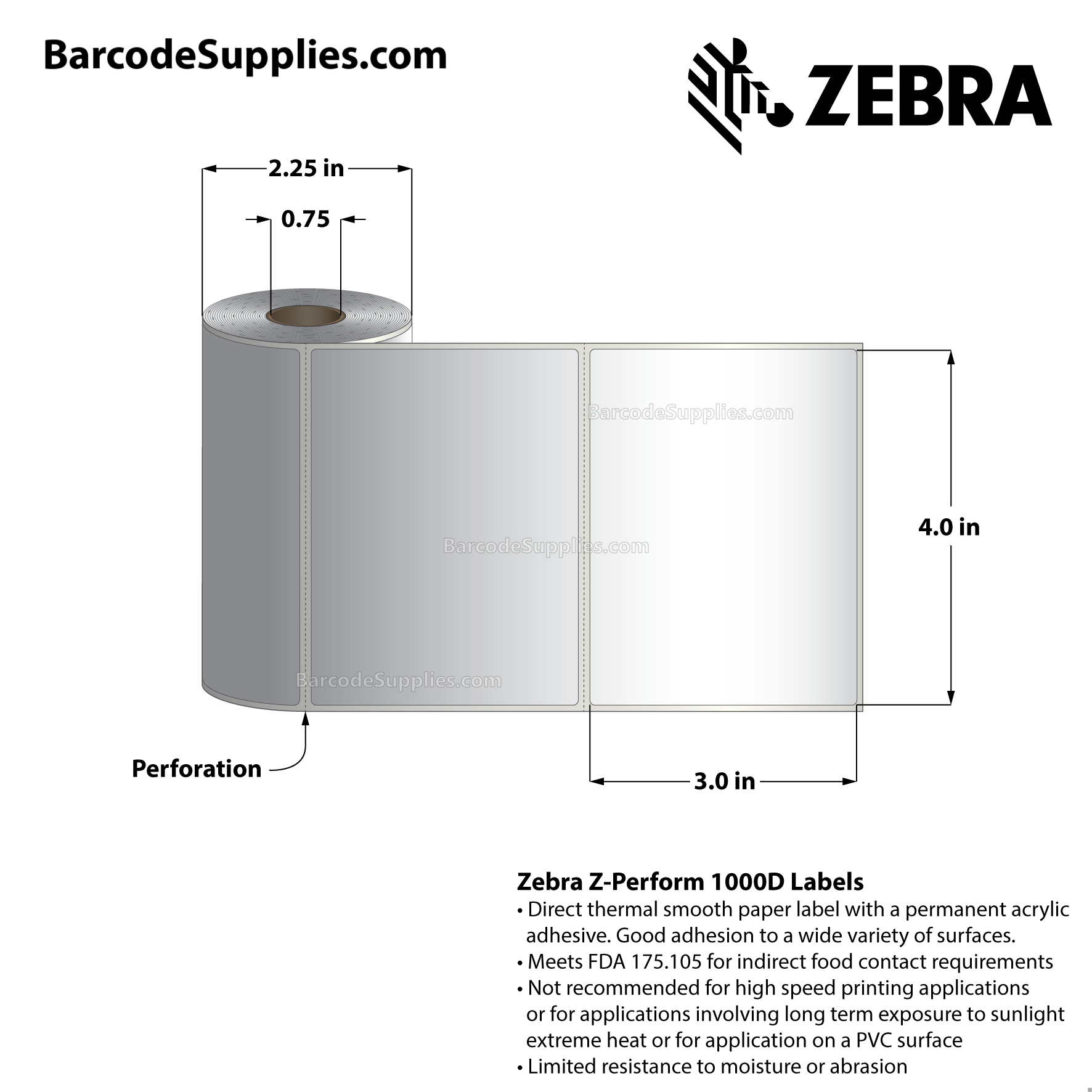 4 x 3 Direct Thermal White Z-Perform 1000D Labels With Permanent Adhesive - Perforated - 155 Labels Per Roll - Carton Of 36 Rolls - 5580 Labels Total - MPN: 10026373