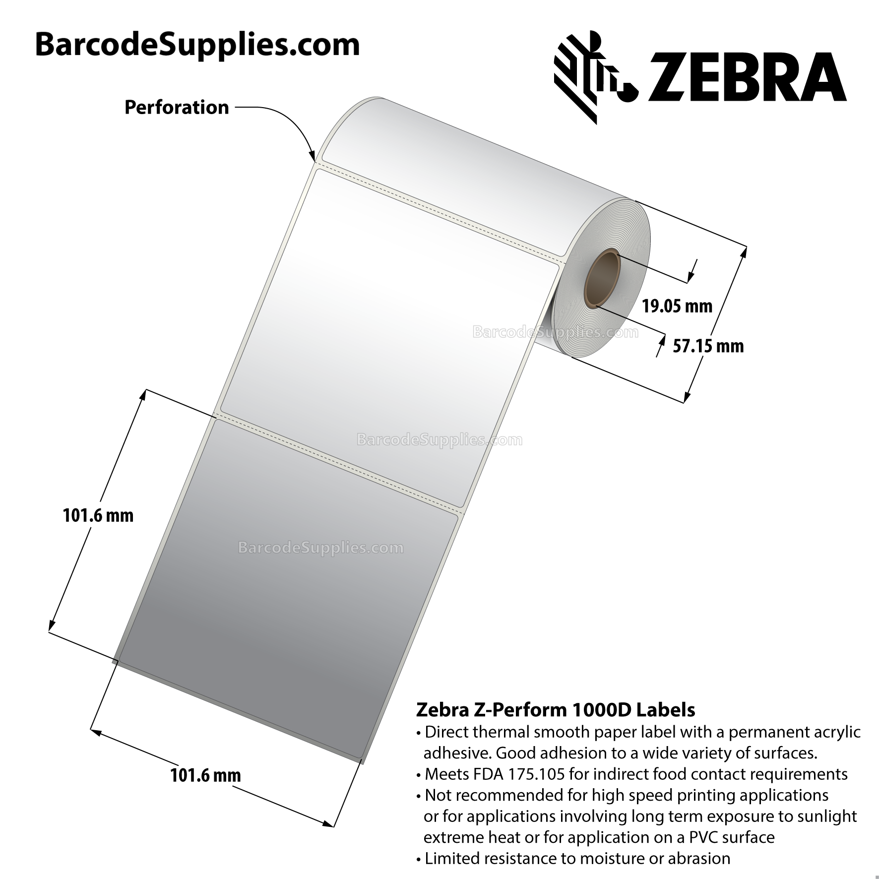 4 x 4 Direct Thermal White Z-Perform 1000D Labels With Permanent Adhesive - Perforated - 120 Labels Per Roll - Carton Of 36 Rolls - 4320 Labels Total - MPN: 10026374