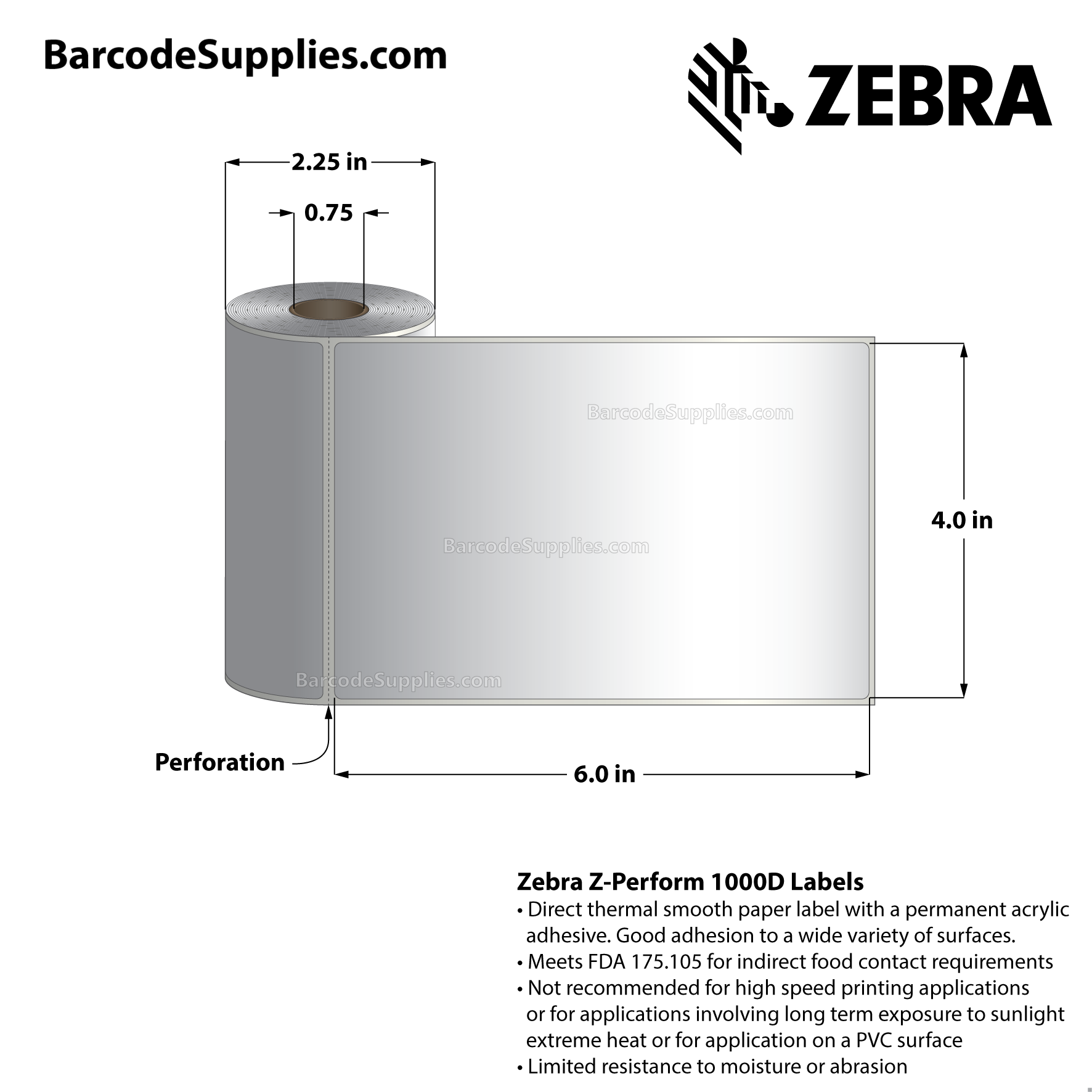 4 x 6 Direct Thermal White Z-Perform 1000D Labels With Permanent Adhesive - Perforated - 75 Labels Per Roll - Carton Of 36 Rolls - 2700 Labels Total - MPN: 10023377