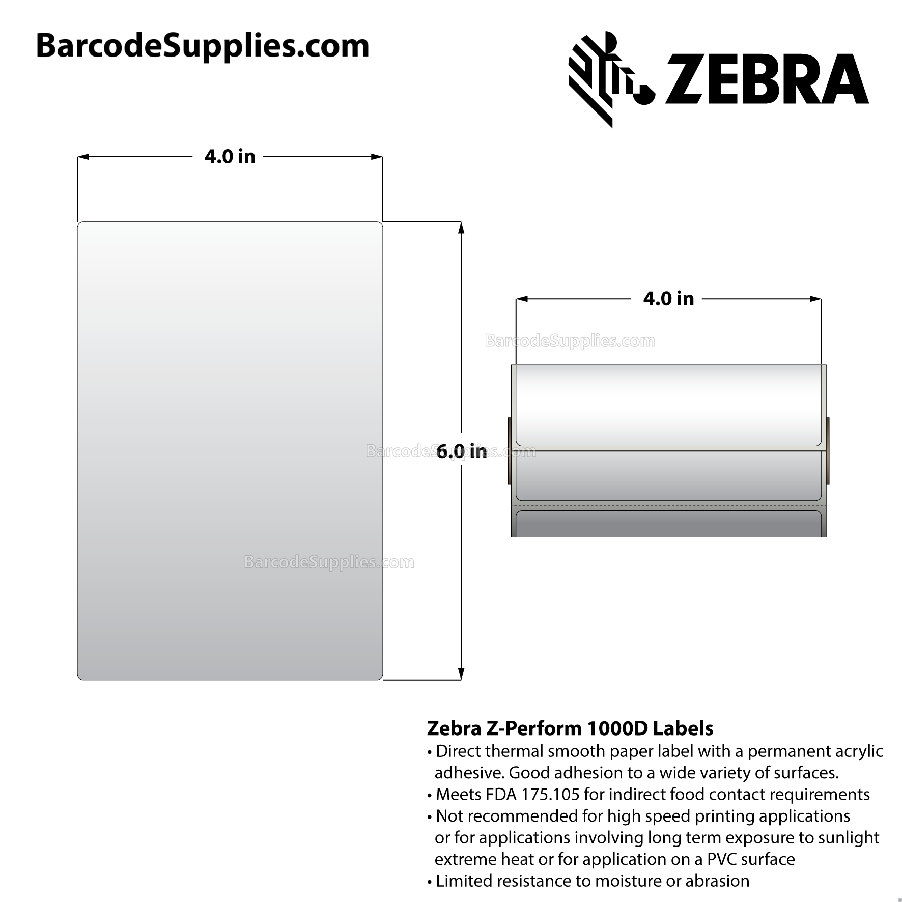 4 x 6 Direct Thermal White Z-Perform 1000D Labels With Permanent Adhesive - Perforated - 75 Labels Per Roll - Carton Of 36 Rolls - 2700 Labels Total - MPN: 10023377