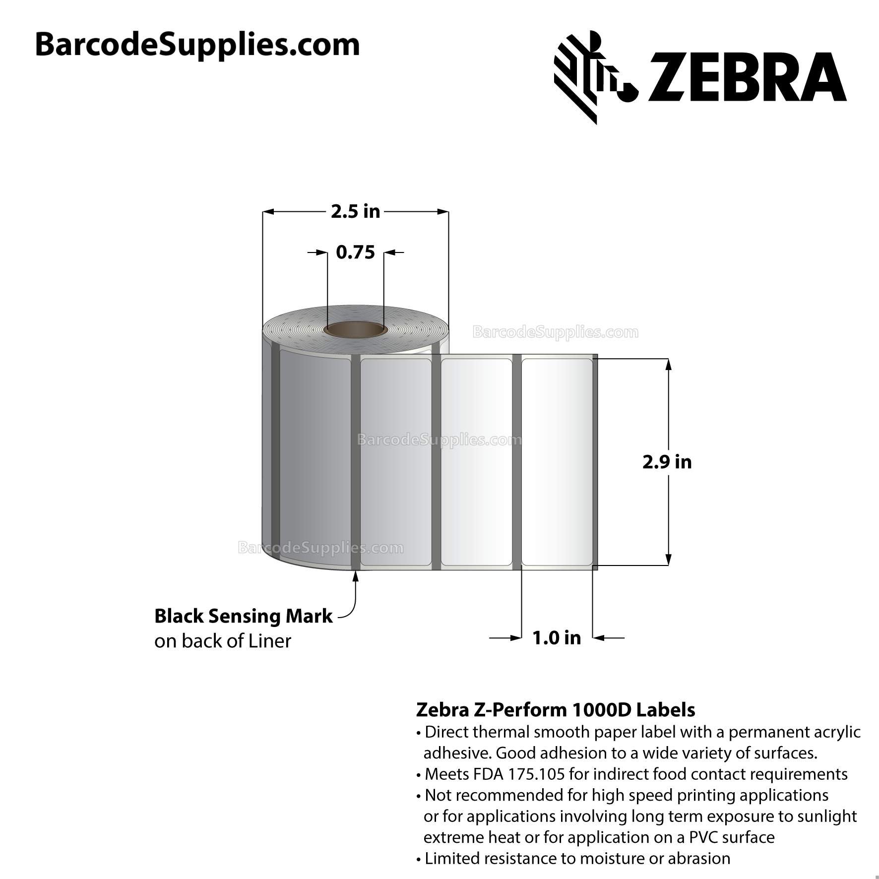 2.9 x 1 Direct Thermal White Z-Perform 1000D Labels With Permanent Adhesive - Black mark sensing - Not Perforated - 575 Labels Per Roll - Carton Of 36 Rolls - 20700 Labels Total - MPN: LD-R3TU5B