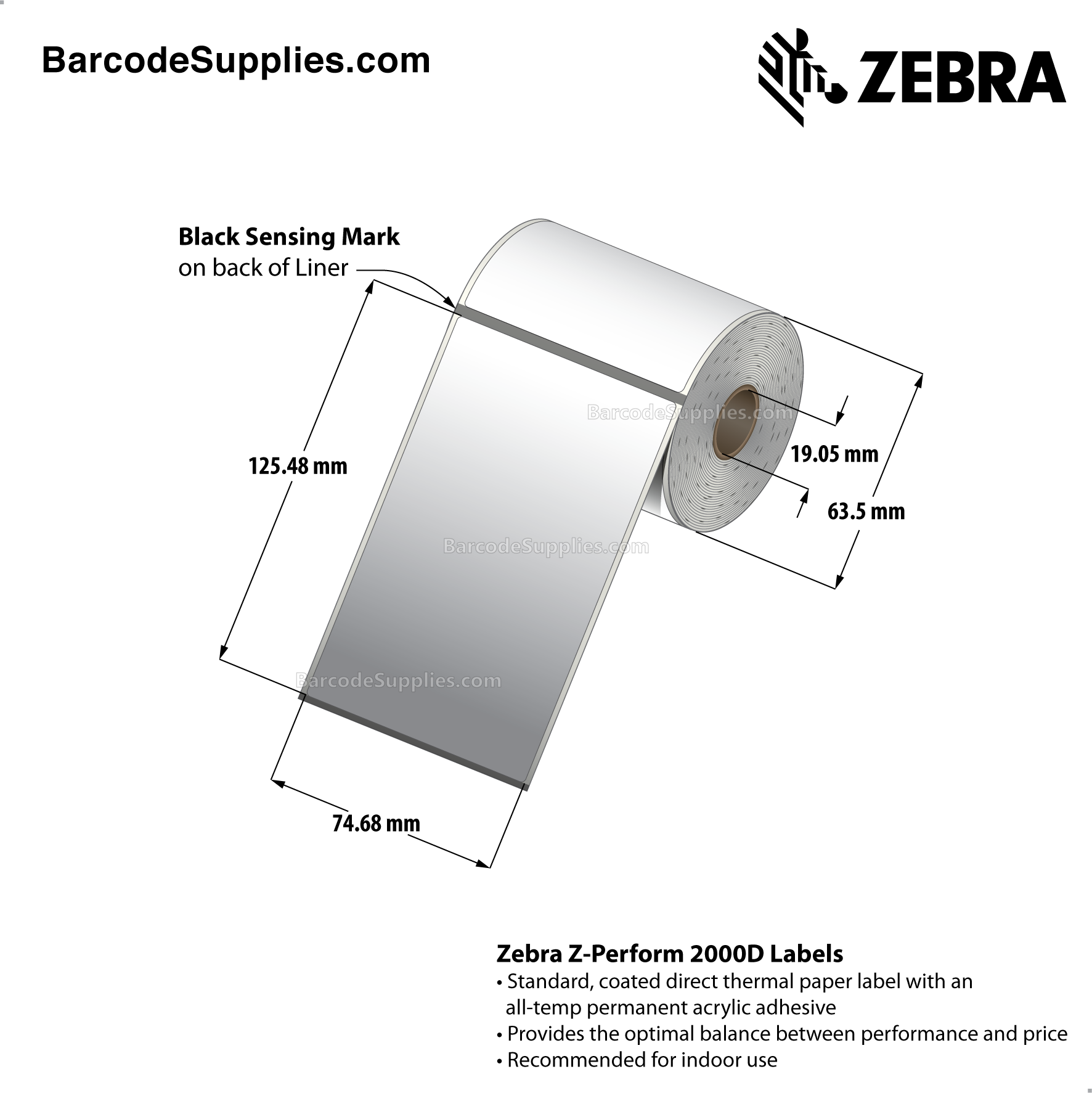 2.94 x 4.94 Direct Thermal White Z-Perform 2000D Labels With All-Temp Adhesive - Black mark sensing - Not Perforated - 130 Labels Per Roll - Carton Of 36 Rolls - 4680 Labels Total - MPN: LD-R6AD5W