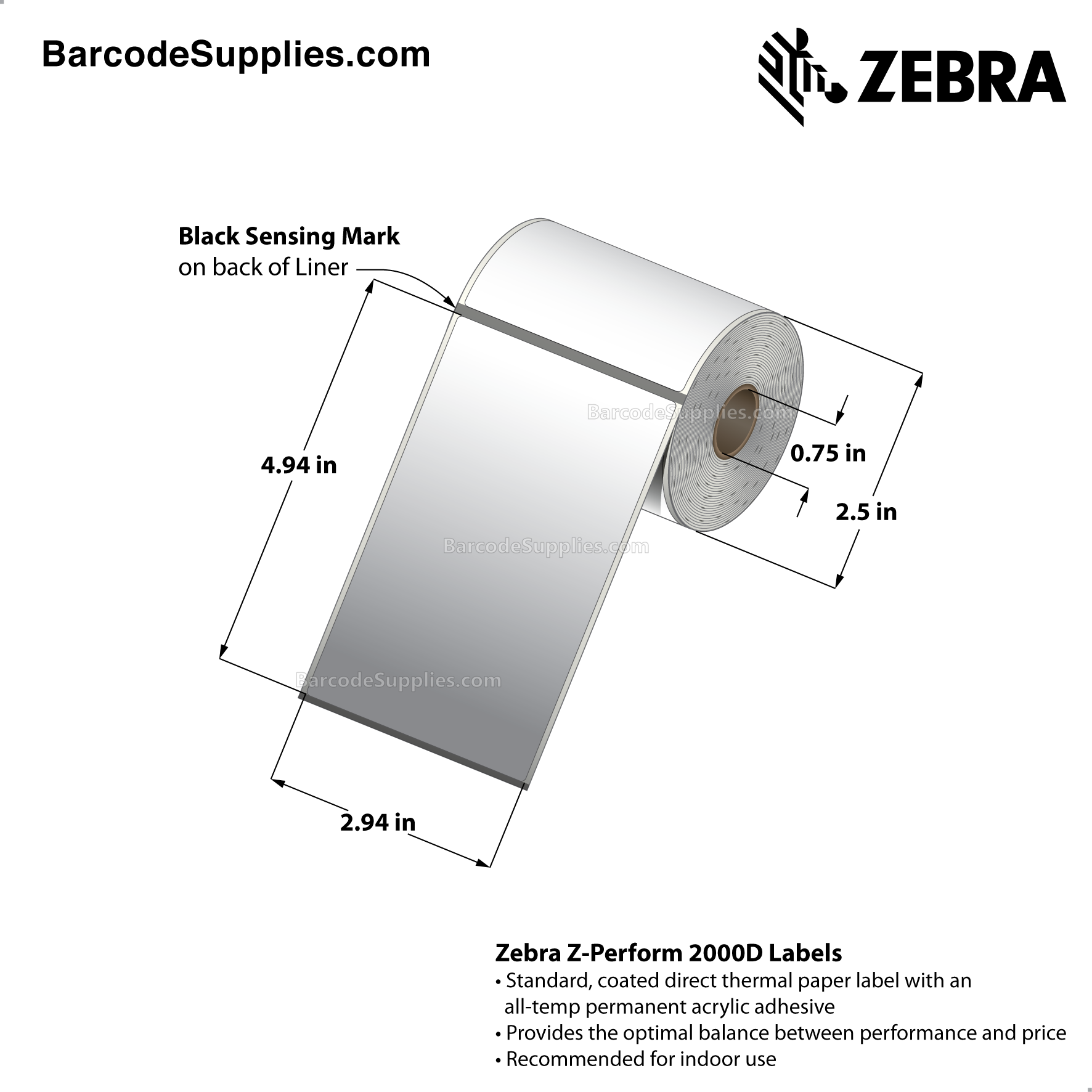 2.94 x 4.94 Direct Thermal White Z-Perform 2000D Labels With All-Temp Adhesive - Black mark sensing - Not Perforated - 130 Labels Per Roll - Carton Of 36 Rolls - 4680 Labels Total - MPN: LD-R6AD5W
