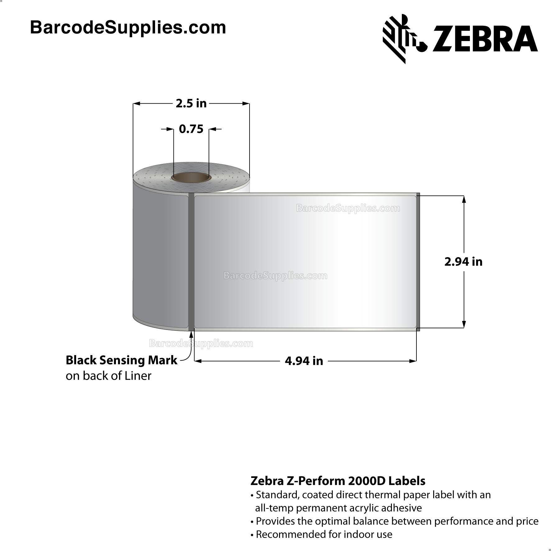2.94 x 4.94 Direct Thermal White Z-Perform 2000D Labels With All-Temp Adhesive - Black mark sensing - Not Perforated - 130 Labels Per Roll - Carton Of 36 Rolls - 4680 Labels Total - MPN: LD-R6AD5W