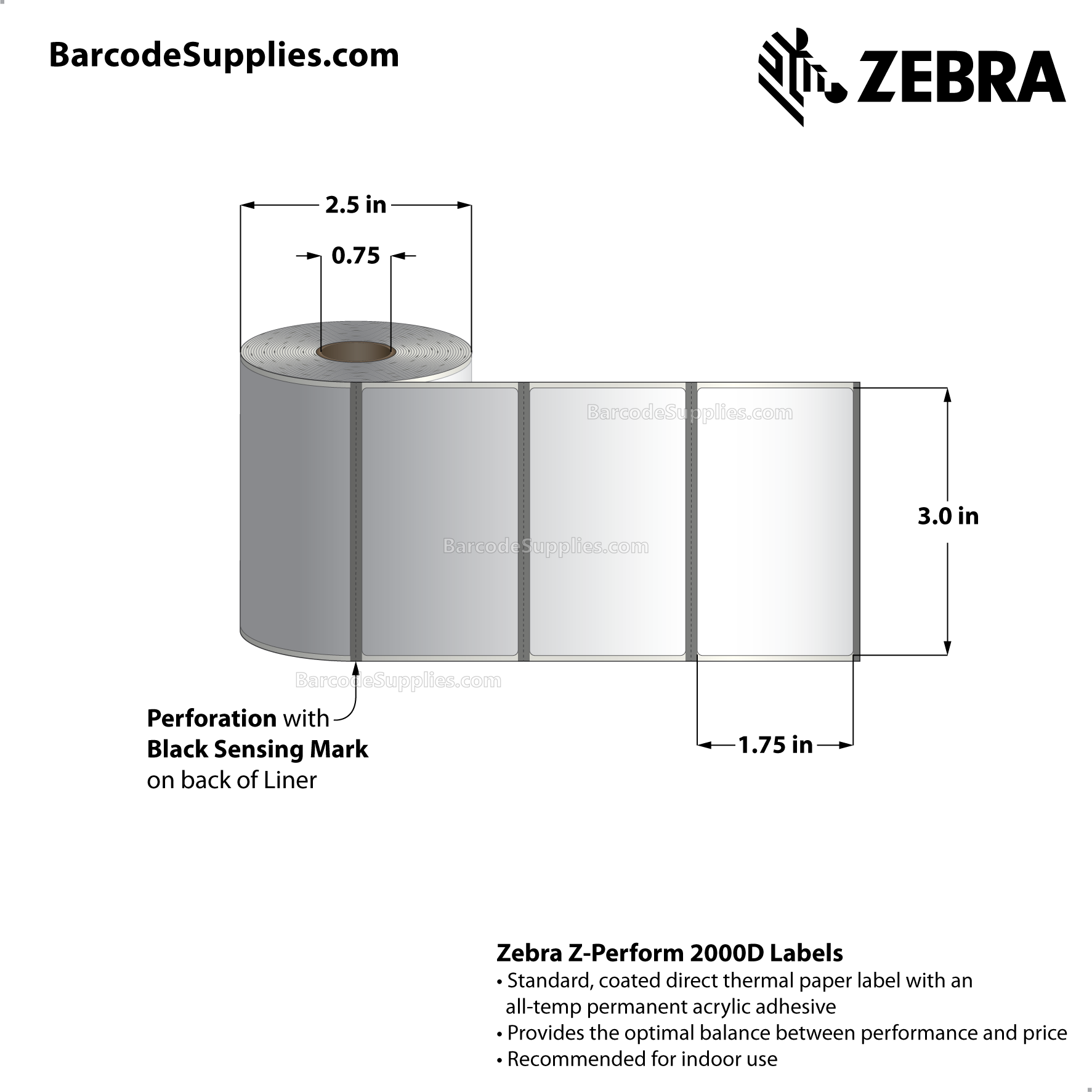 3 x 1.75 Direct Thermal White Z-Perform 2000D Labels With All-Temp Adhesive - Black mark sensing - Perforated - 350 Labels Per Roll - Carton Of 36 Rolls - 12600 Labels Total - MPN: LD-R3AT5F