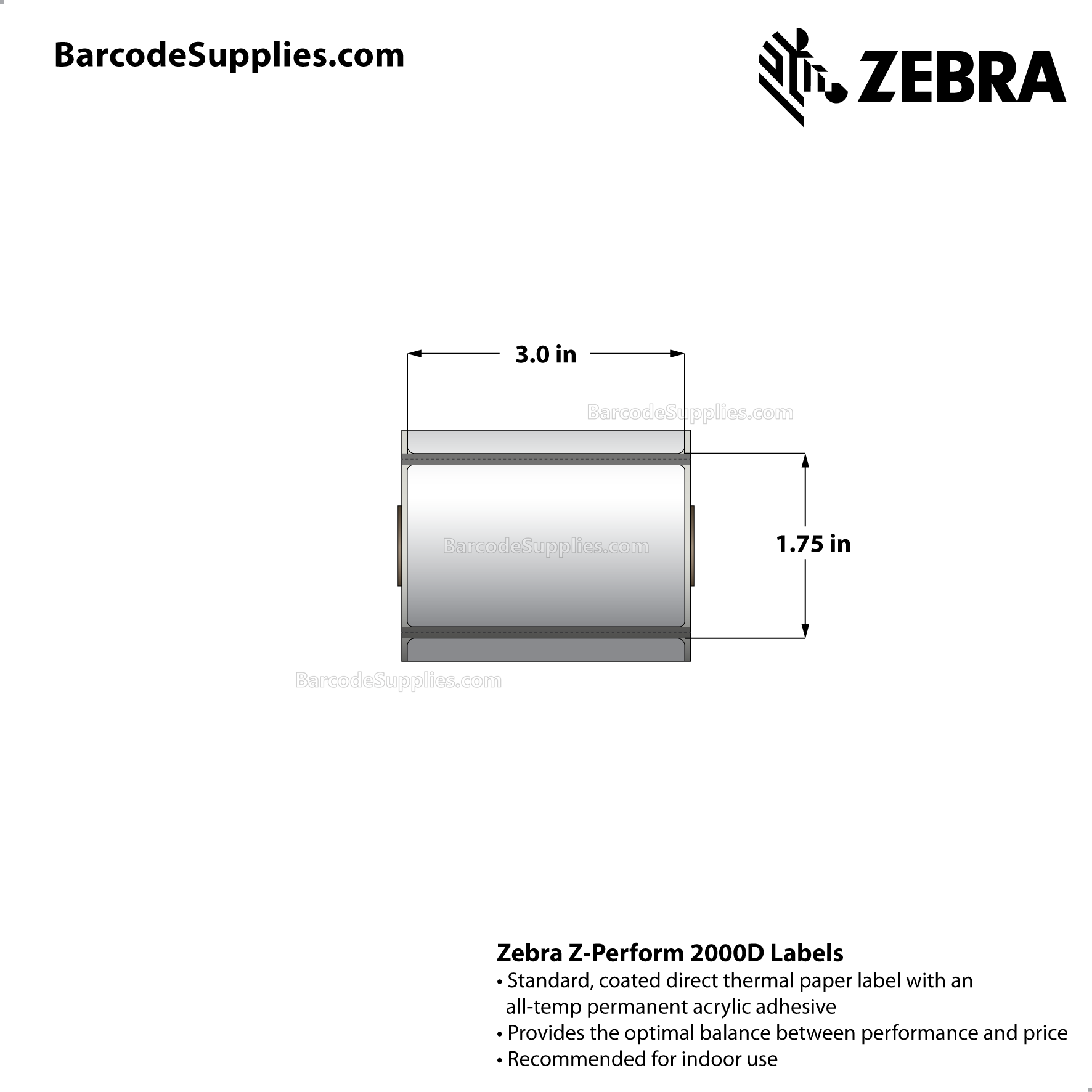 3 x 1.75 Direct Thermal White Z-Perform 2000D Labels With All-Temp Adhesive - Black mark sensing - Perforated - 350 Labels Per Roll - Carton Of 36 Rolls - 12600 Labels Total - MPN: LD-R3AT5F