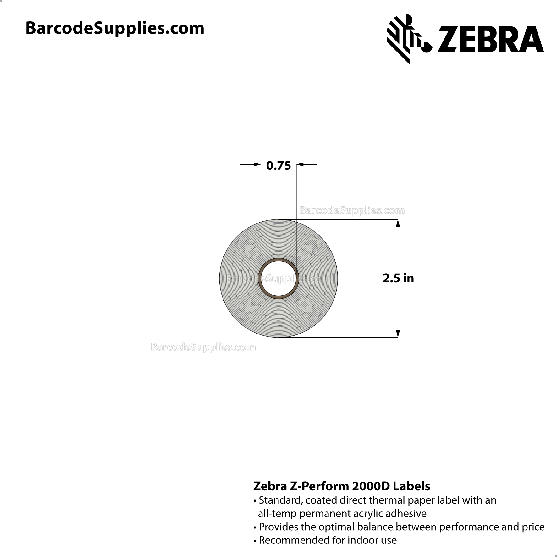 3 x 1.75 Direct Thermal White Z-Perform 2000D Labels With All-Temp Adhesive - Black mark sensing - Perforated - 350 Labels Per Roll - Carton Of 36 Rolls - 12600 Labels Total - MPN: LD-R3AT5F