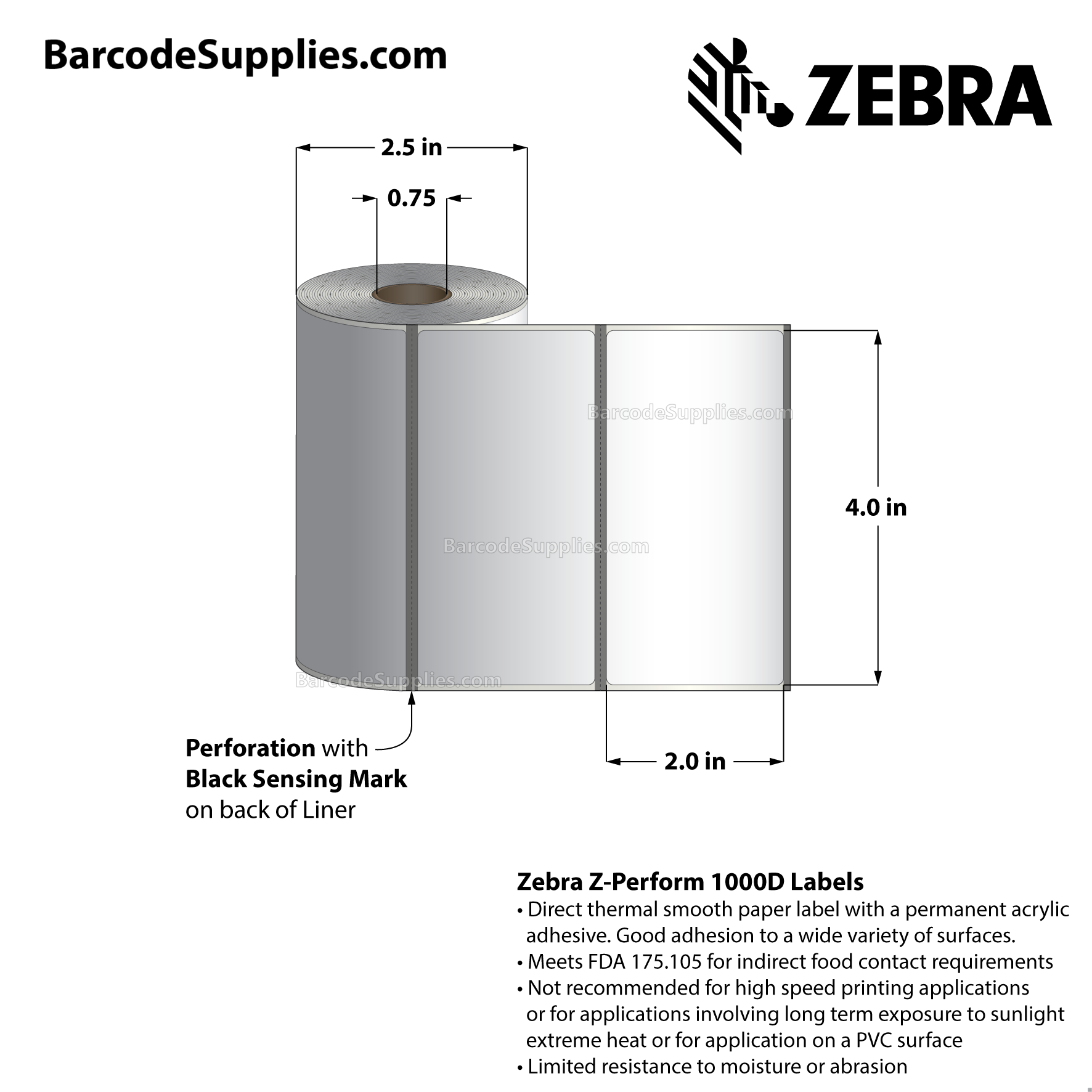 4 x 2 Direct Thermal White Z-Perform 1000D Labels With Permanent Adhesive - Black mark sensing - Perforated - 300 Labels Per Roll - Carton Of 36 Rolls - 10800 Labels Total - MPN: LD-R2AQ5J