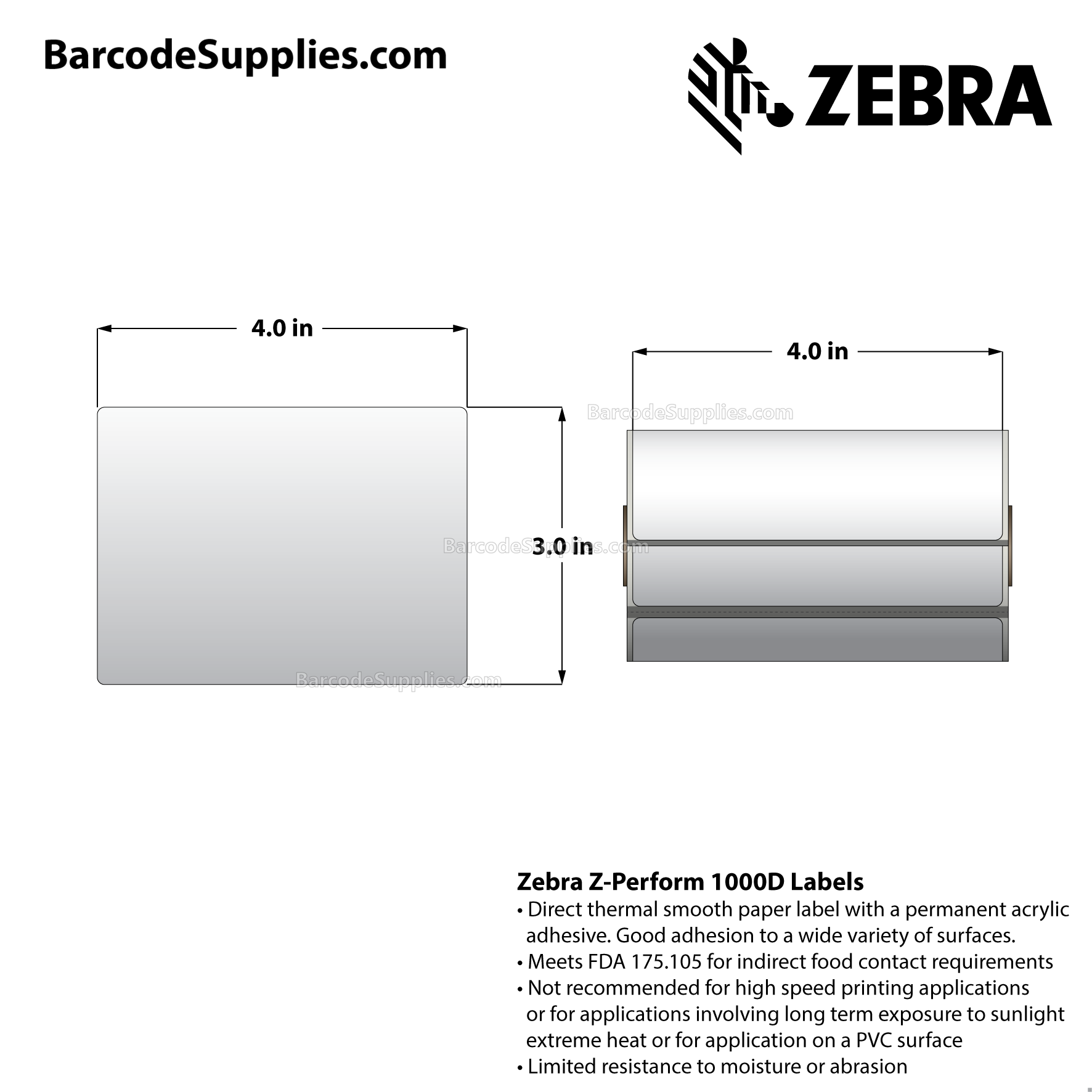 4 x 3 Direct Thermal White Z-Perform 1000D Labels With Permanent Adhesive - Black mark sensing - Perforated - 200 Labels Per Roll - Carton Of 36 Rolls - 7200 Labels Total - MPN: LD-R6AO5B