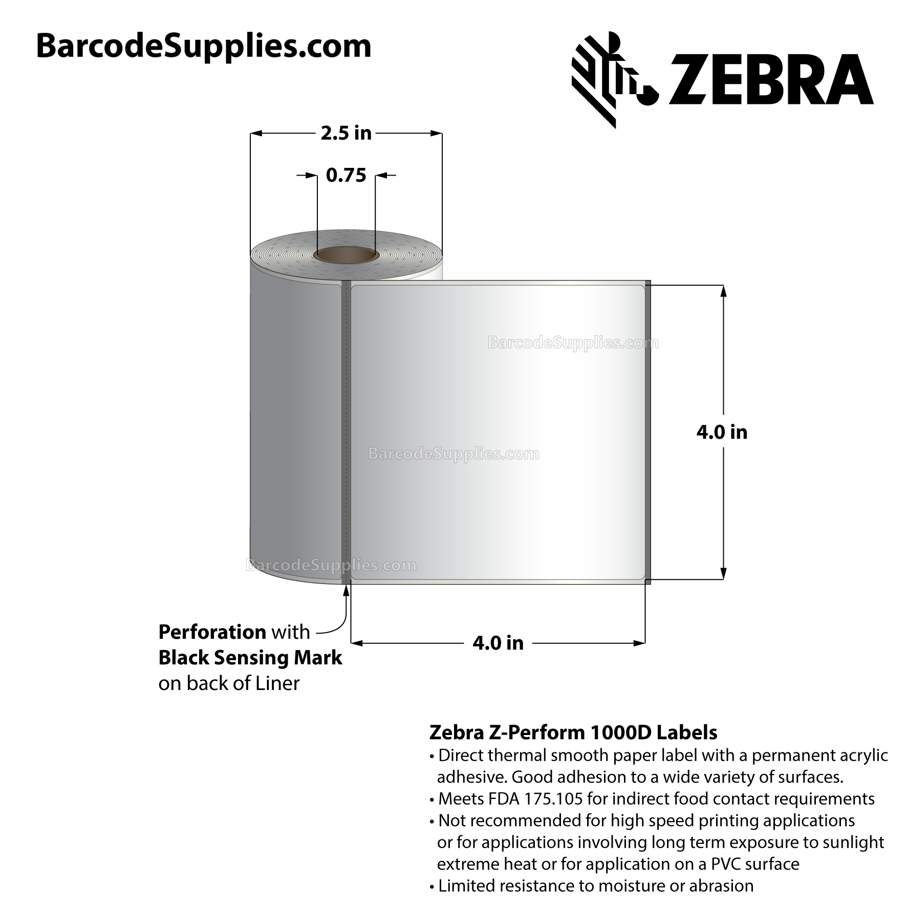 4 x 4 Direct Thermal White Z-Perform 1000D Labels With Permanent Adhesive - Black mark sensing - Perforated - 160 Labels Per Roll - Carton Of 36 Rolls - 5760 Labels Total - MPN: LD-R3AK5B