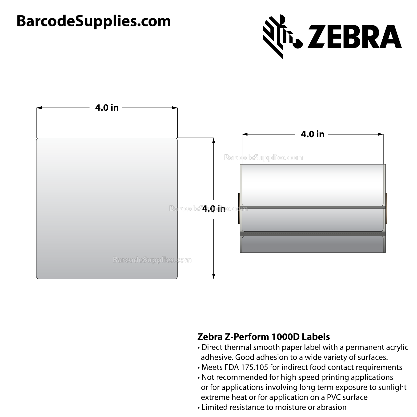 4 x 4 Direct Thermal White Z-Perform 1000D Labels With Permanent Adhesive - Black mark sensing - Perforated - 160 Labels Per Roll - Carton Of 36 Rolls - 5760 Labels Total - MPN: LD-R3AK5B