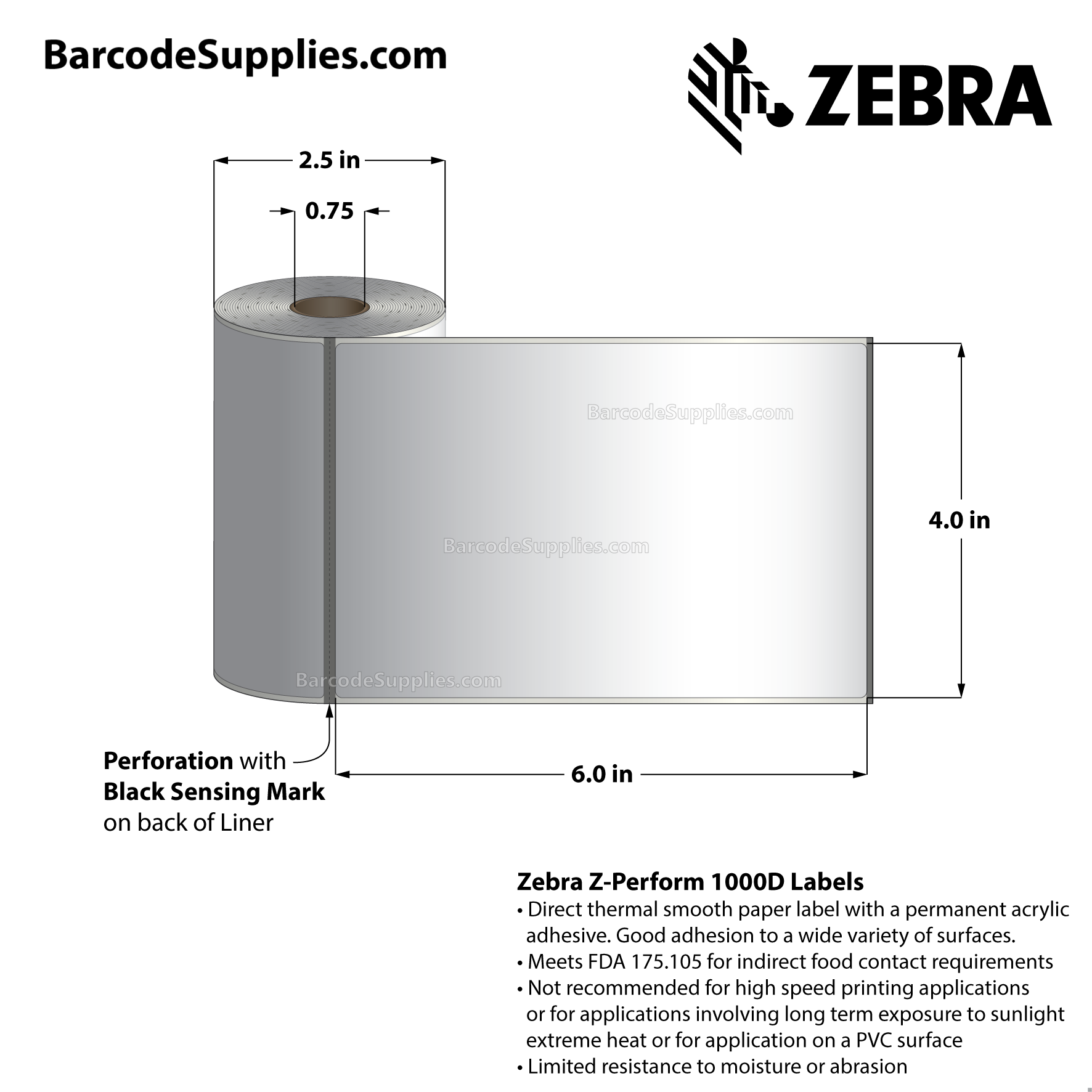 4 x 6 Direct Thermal White Z-Perform 1000D Labels With Permanent Adhesive - Black mark sensing - Perforated - 105 Labels Per Roll - Carton Of 36 Rolls - 3780 Labels Total - MPN: LD-R4AW5B