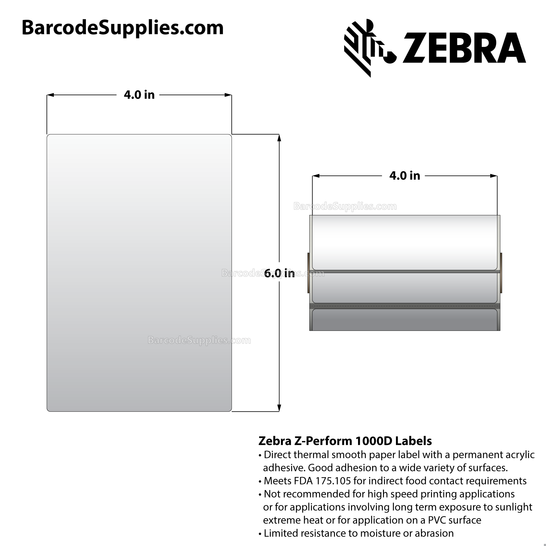 4 x 6 Direct Thermal White Z-Perform 1000D Labels With Permanent Adhesive - Black mark sensing - Perforated - 105 Labels Per Roll - Carton Of 36 Rolls - 3780 Labels Total - MPN: LD-R4AW5B