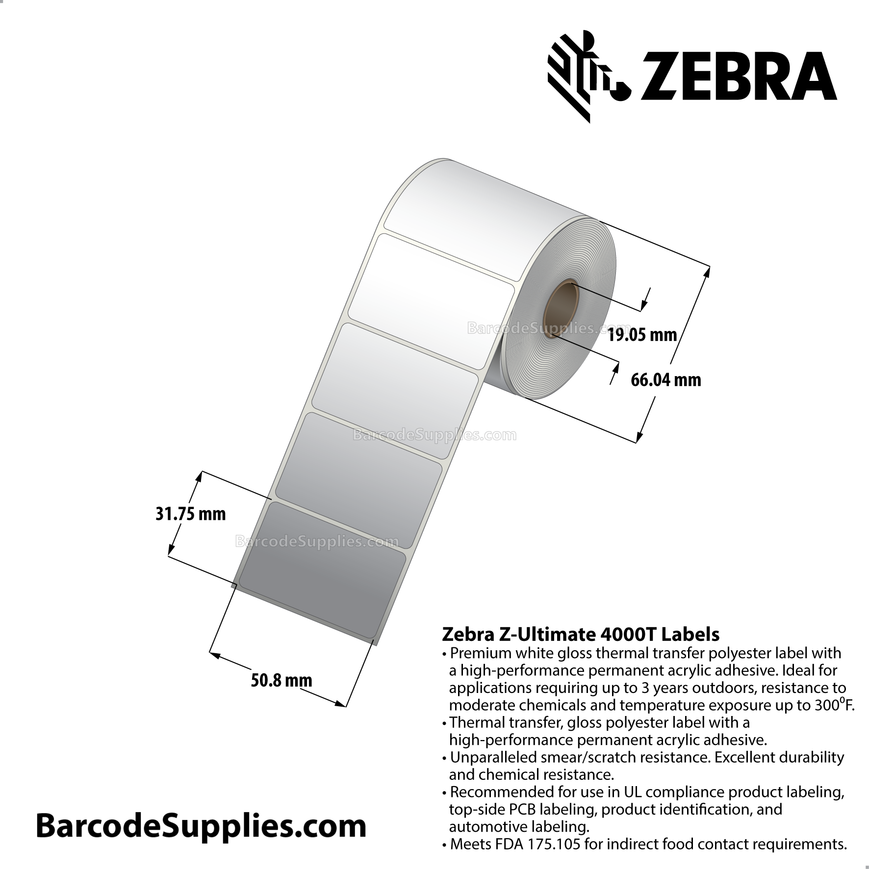 2 x 1.25 Thermal Transfer White Z-Ultimate 4000T Labels With Permanent Adhesive - Not Perforated - 520 Labels Per Roll - Carton Of 12 Rolls - 6240 Labels Total - MPN: 10010073