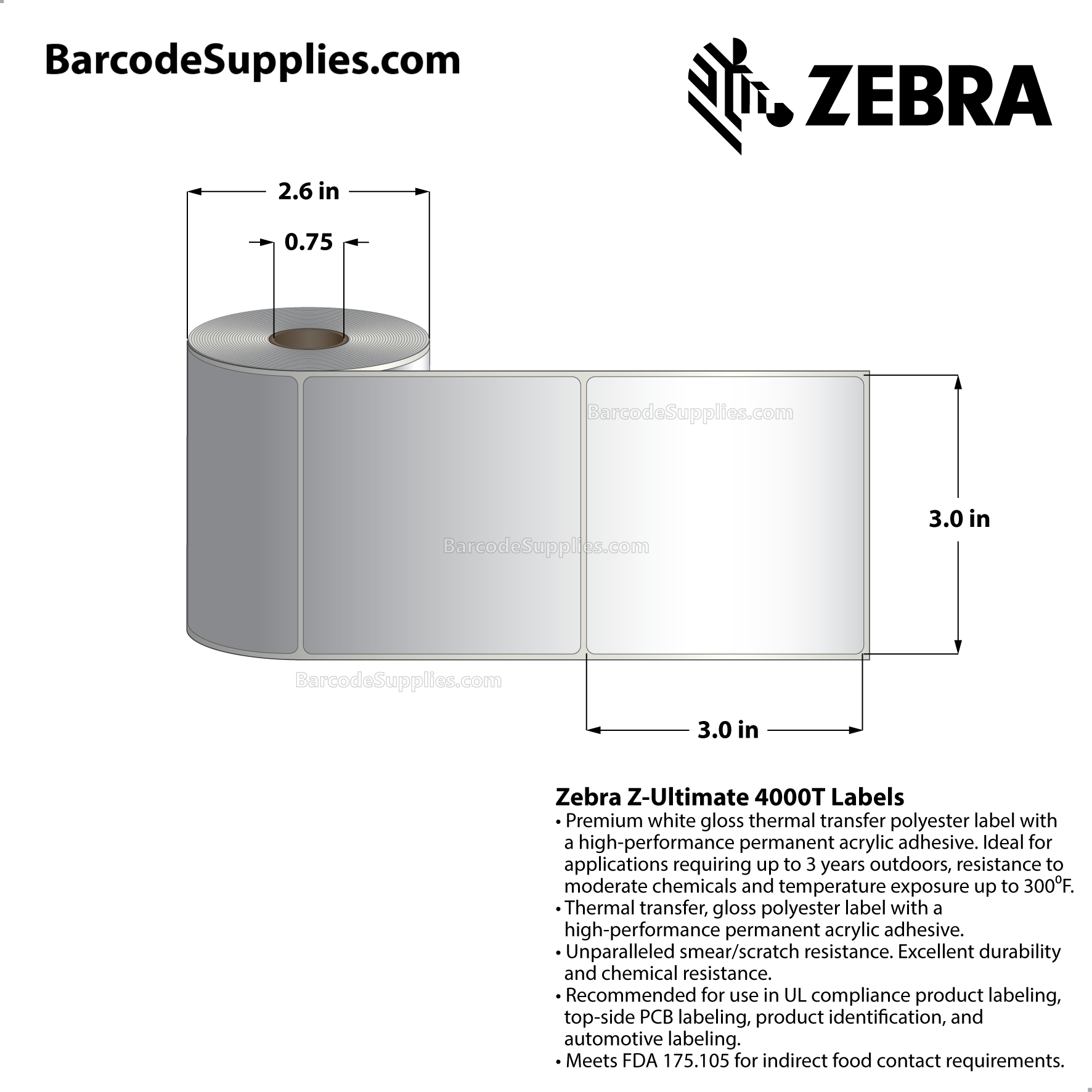 3 x 3 Thermal Transfer White Z-Ultimate 4000T Labels With Permanent Adhesive - Not Perforated - 230 Labels Per Roll - Carton Of 12 Rolls - 2760 Labels Total - MPN: 10008551