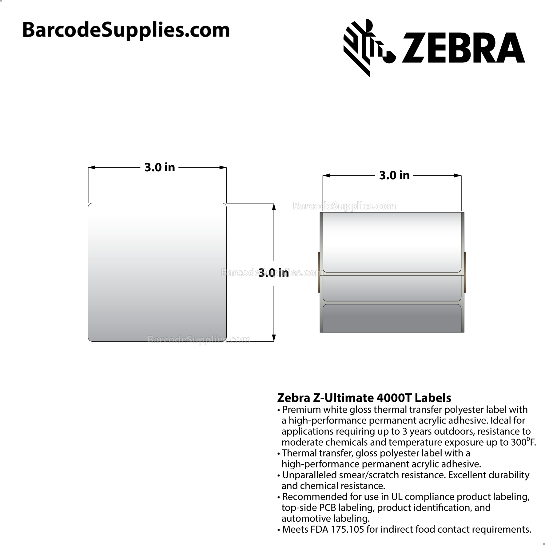 3 x 3 Thermal Transfer White Z-Ultimate 4000T Labels With Permanent Adhesive - Not Perforated - 230 Labels Per Roll - Carton Of 12 Rolls - 2760 Labels Total - MPN: 10008551