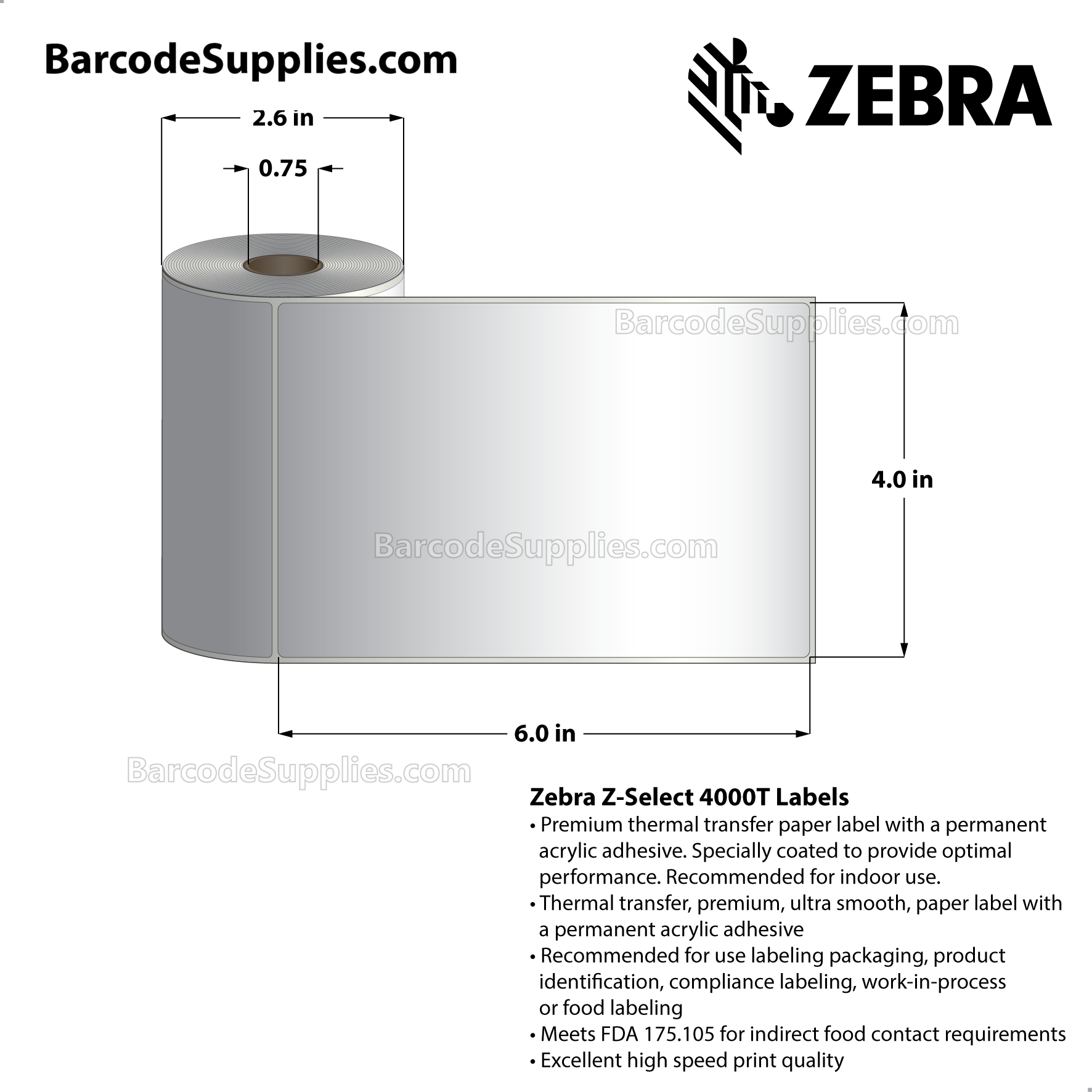 4 x 6 Thermal Transfer White Z-Select 4000T Labels With Permanent Adhesive - Not Perforated - 110 Labels Per Roll - Carton Of 16 Rolls - 1760 Labels Total - MPN: 10008549