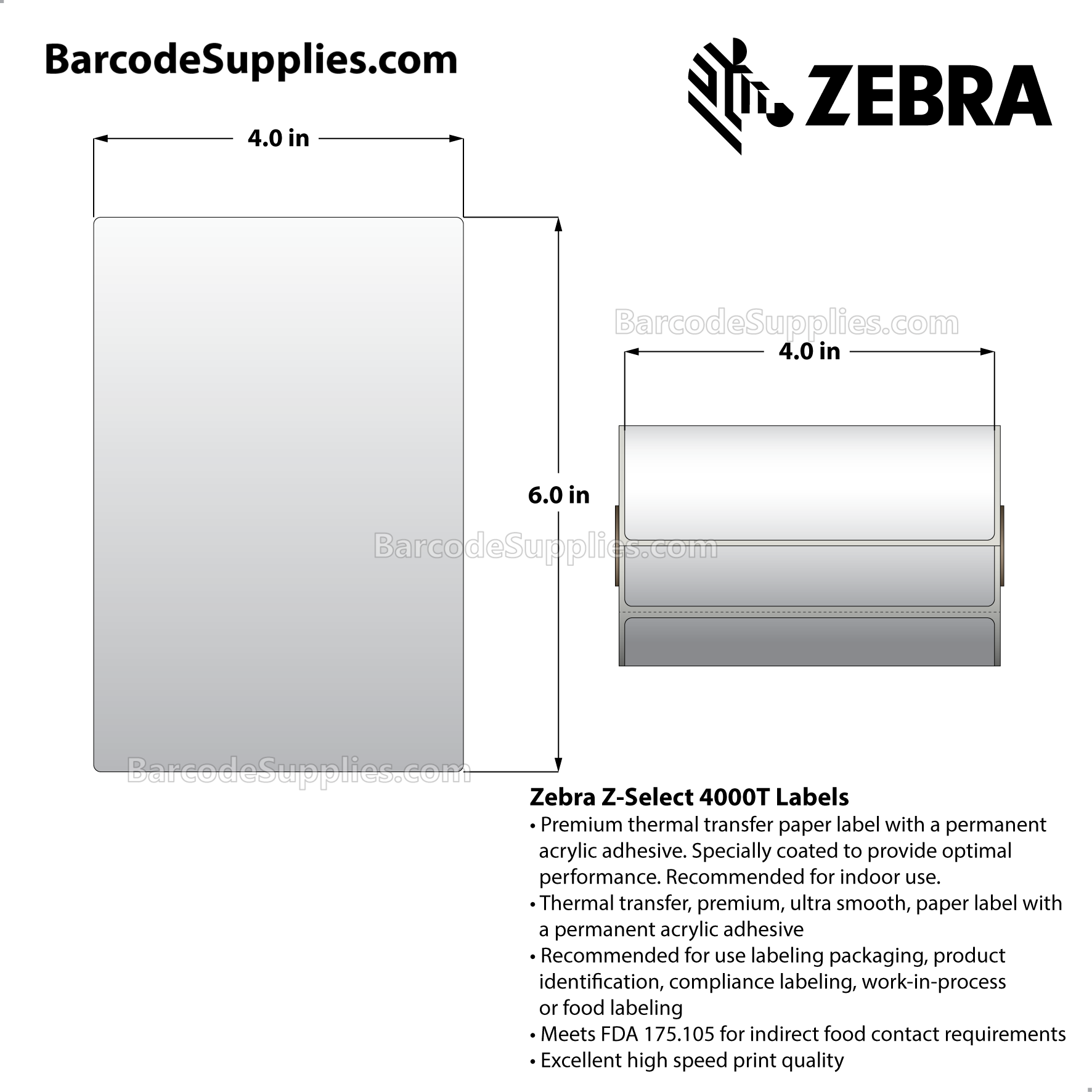 4 x 6 Thermal Transfer White Z-Select 4000T Labels With Permanent Adhesive - Not Perforated - 110 Labels Per Roll - Carton Of 16 Rolls - 1760 Labels Total - MPN: 10008549