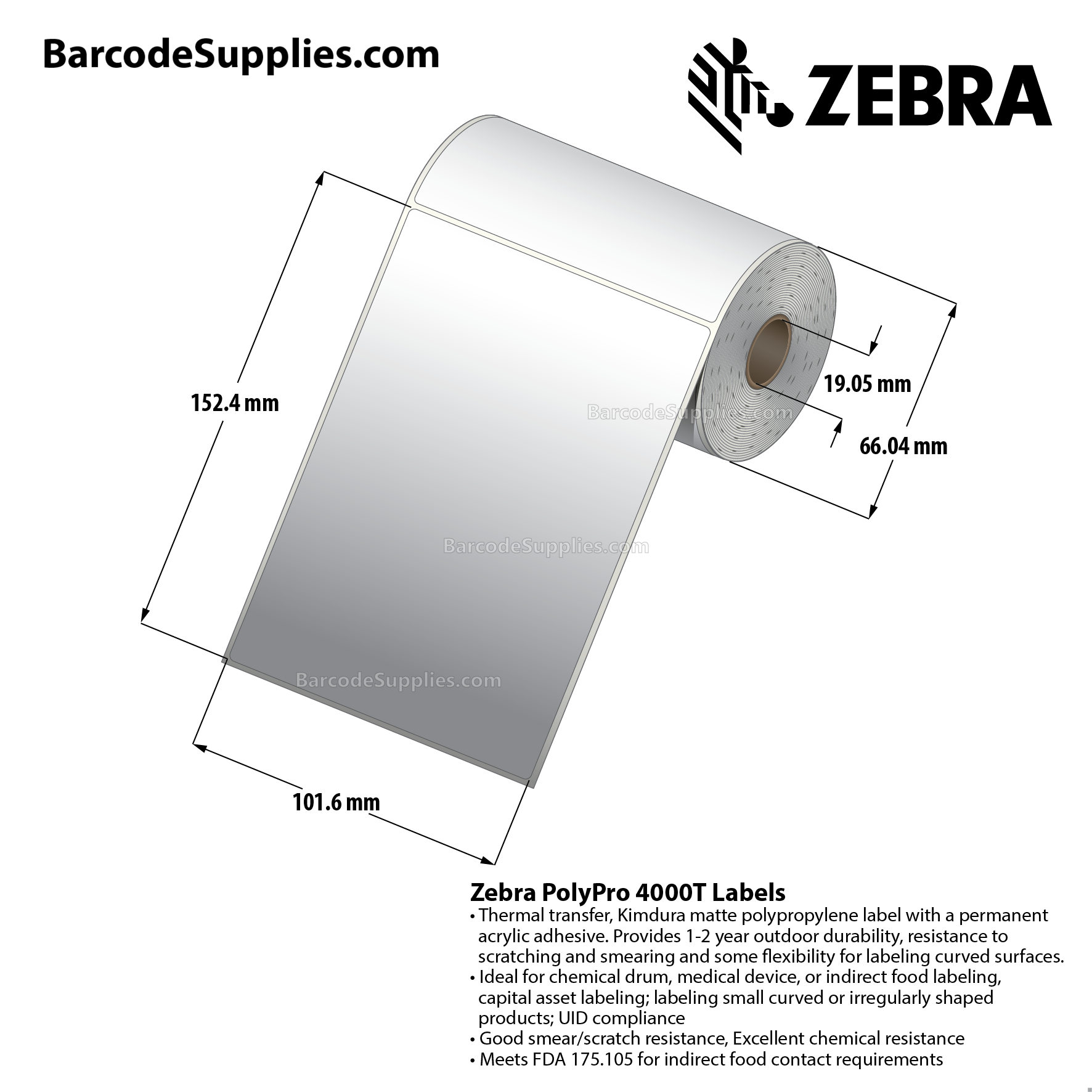 4 x 6 Thermal Transfer White PolyPro 4000T Labels With Permanent Adhesive - Not Perforated - 80 Labels Per Roll - Carton Of 36 Rolls - 2880 Labels Total - MPN: 10008424