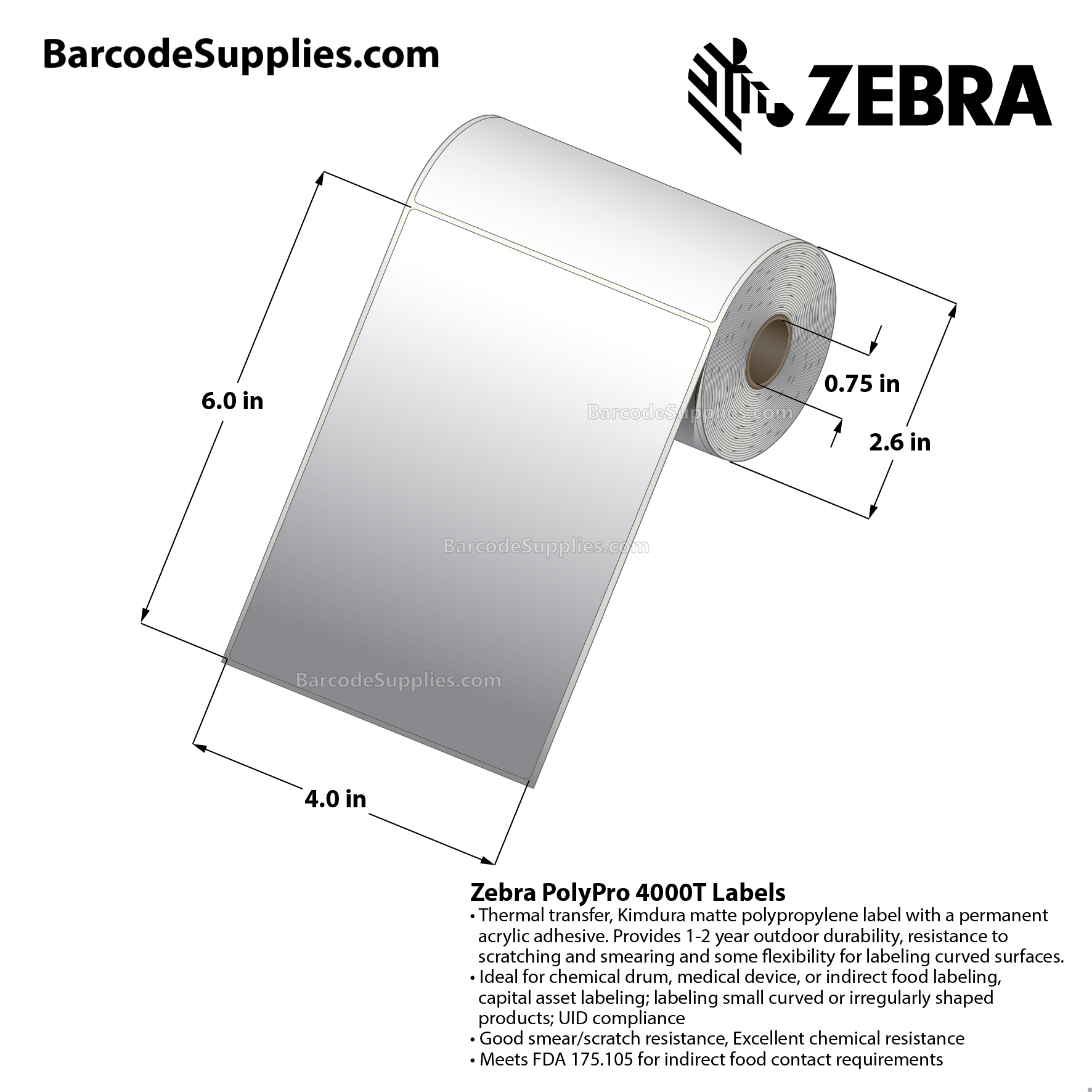 4 x 6 Thermal Transfer White PolyPro 4000T Labels With Permanent Adhesive - Not Perforated - 80 Labels Per Roll - Carton Of 36 Rolls - 2880 Labels Total - MPN: 10008424