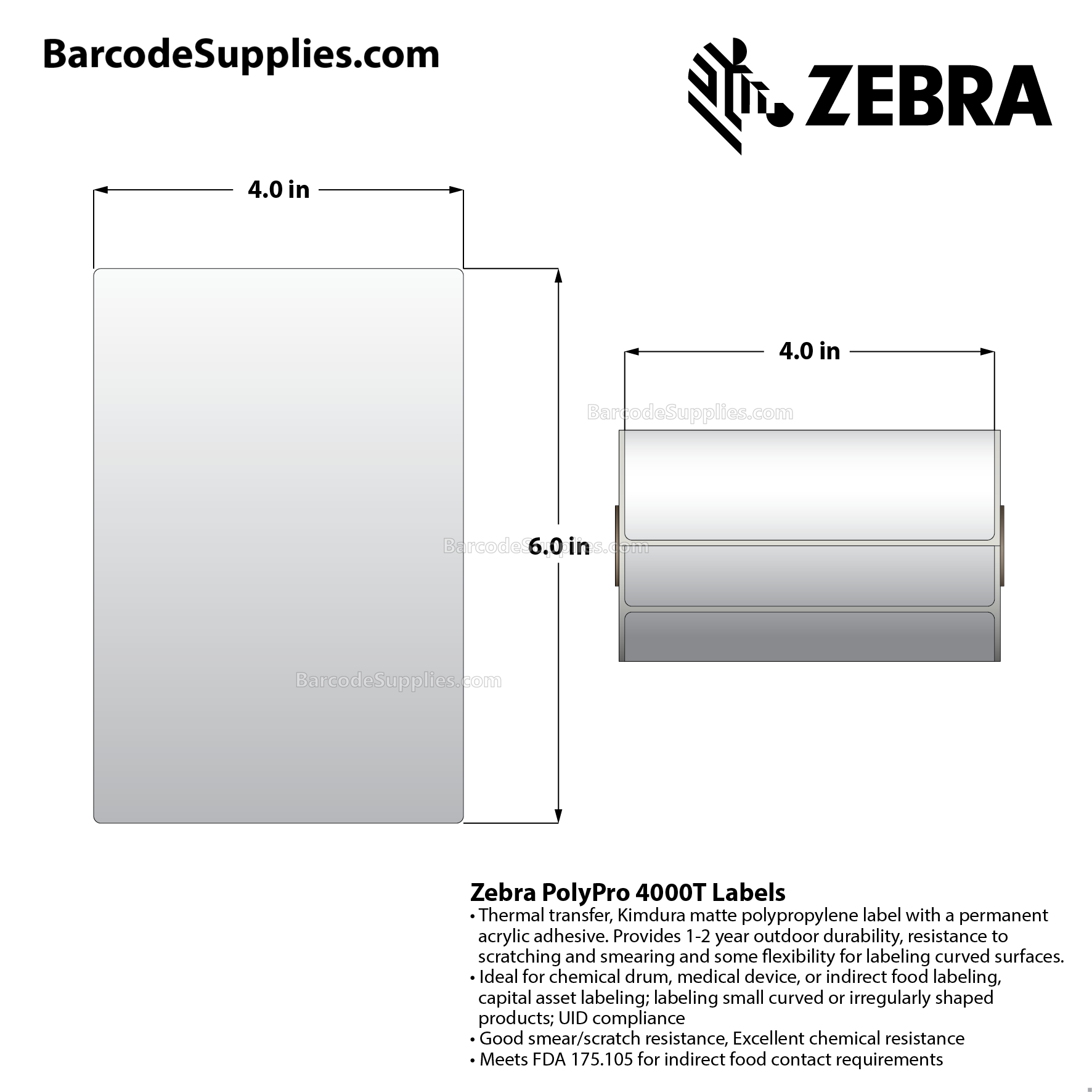4 x 6 Thermal Transfer White PolyPro 4000T Labels With Permanent Adhesive - Not Perforated - 80 Labels Per Roll - Carton Of 36 Rolls - 2880 Labels Total - MPN: 10008424