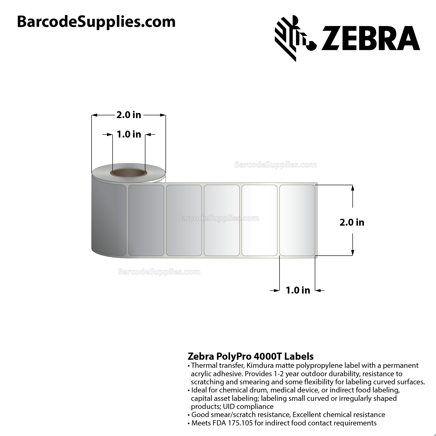 2 x 1 Thermal Transfer White PolyPro 4000T Labels With Permanent Adhesive - Not Perforated - 260 Labels Per Roll - Carton Of 12 Rolls - 3120 Labels Total - MPN: 82414
