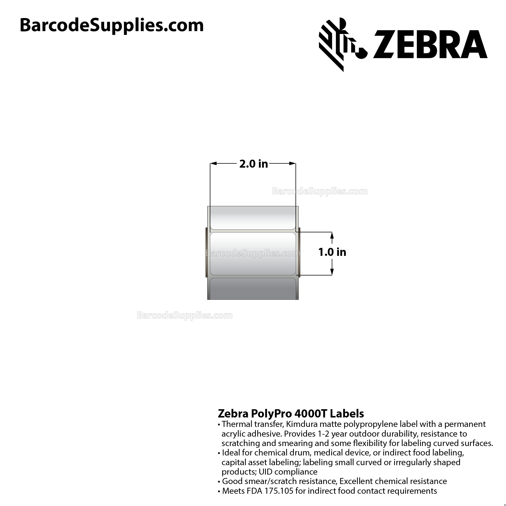 2 x 1 Thermal Transfer White PolyPro 4000T Labels With Permanent Adhesive - Not Perforated - 260 Labels Per Roll - Carton Of 12 Rolls - 3120 Labels Total - MPN: 82414