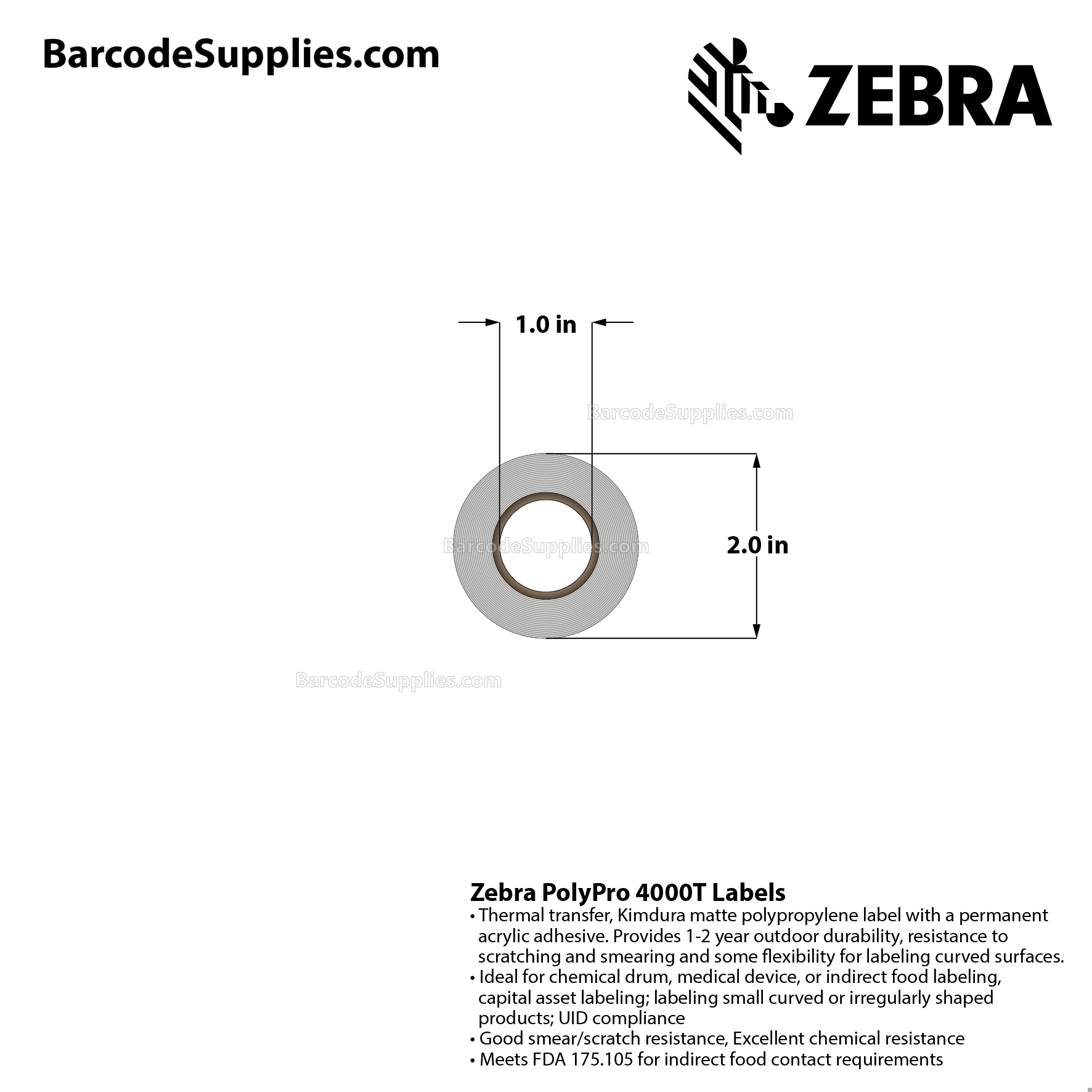 2 x 1 Thermal Transfer White PolyPro 4000T Labels With Permanent Adhesive - Not Perforated - 260 Labels Per Roll - Carton Of 12 Rolls - 3120 Labels Total - MPN: 82414