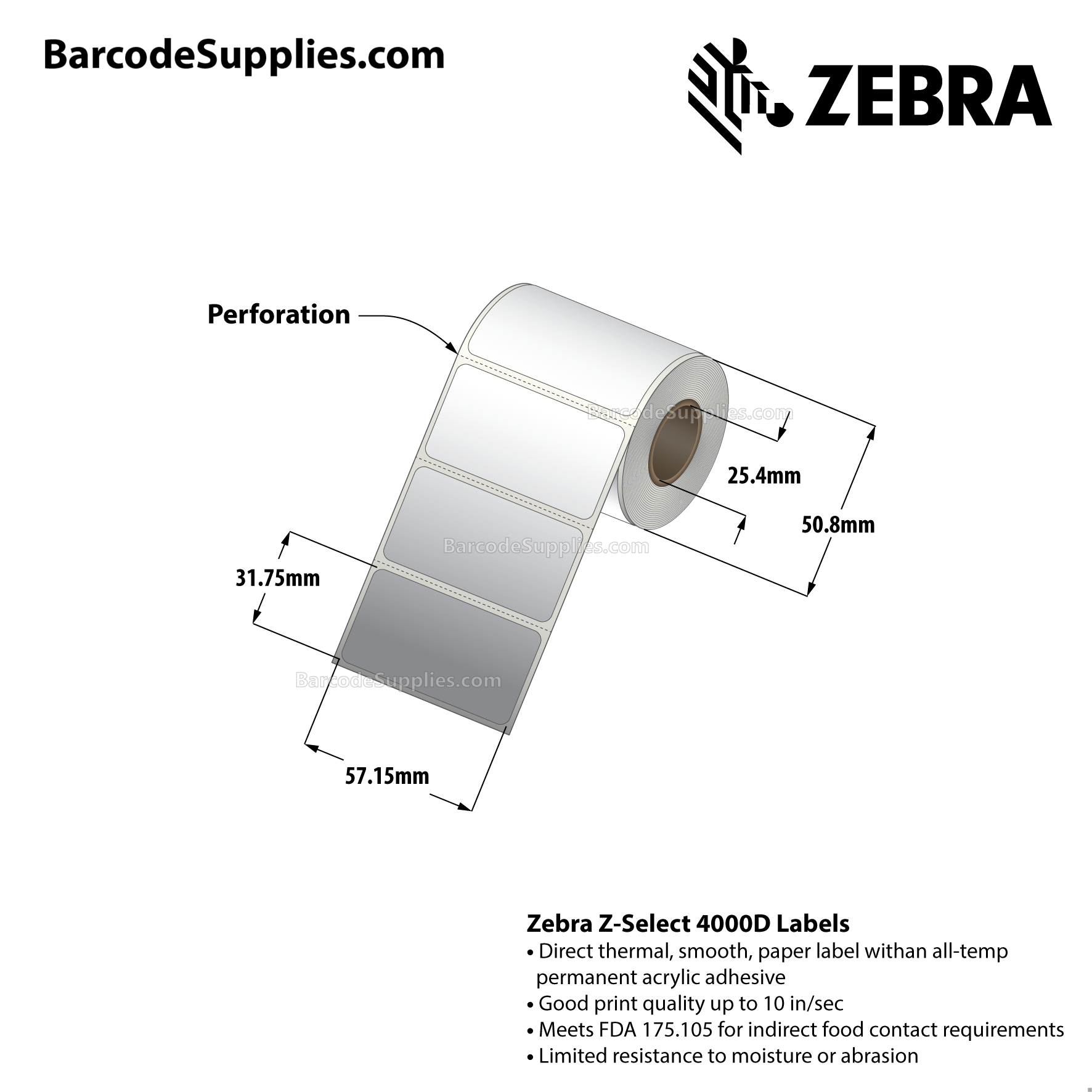 2.25 x 1.25 Direct Thermal White Z-Select 4000D Labels With All-Temp Adhesive - Perforated - 260 Labels Per Roll - Carton Of 12 Rolls - 3120 Labels Total - MPN: 800322-125