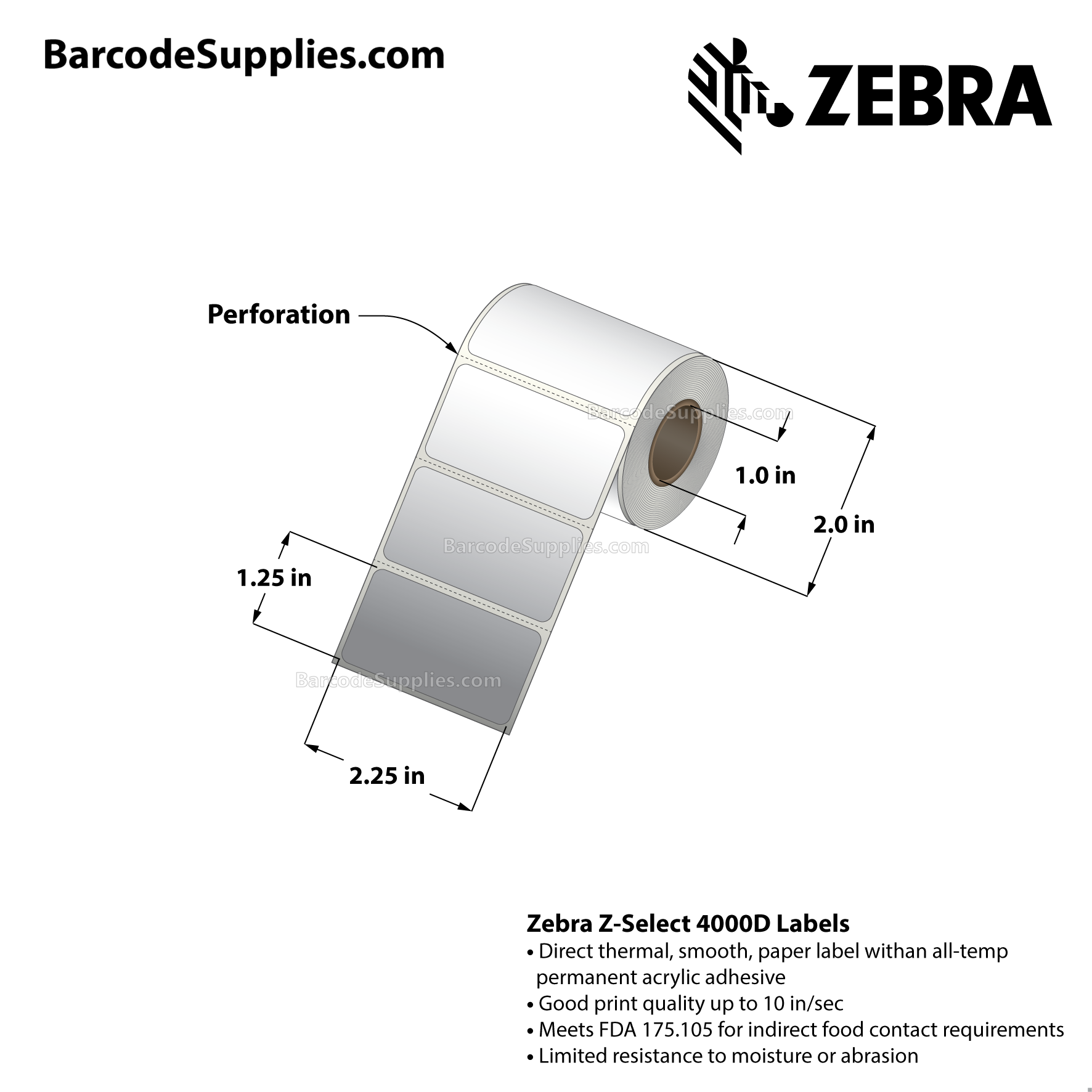 2.25 x 1.25 Direct Thermal White Z-Select 4000D Labels With All-Temp Adhesive - Perforated - 260 Labels Per Roll - Carton Of 12 Rolls - 3120 Labels Total - MPN: 800322-125