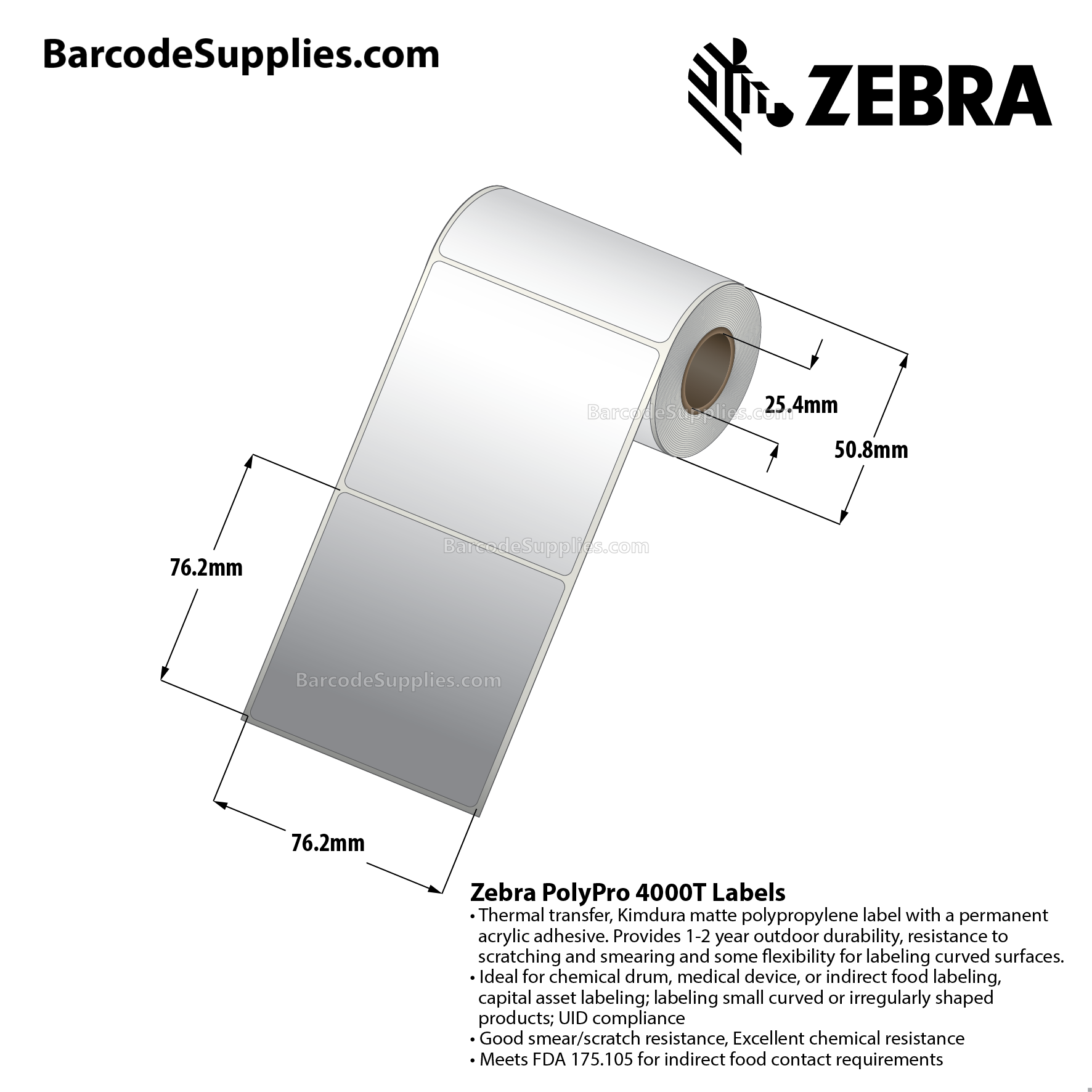 3 x 3 Thermal Transfer White PolyPro 4000T Labels With Permanent Adhesive - Not Perforated - 90 Labels Per Roll - Carton Of 12 Rolls - 1080 Labels Total - MPN: 82413
