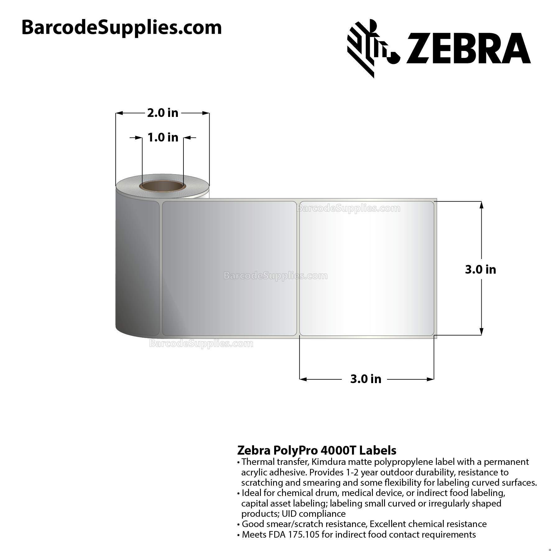 3 x 3 Thermal Transfer White PolyPro 4000T Labels With Permanent Adhesive - Not Perforated - 90 Labels Per Roll - Carton Of 12 Rolls - 1080 Labels Total - MPN: 82413