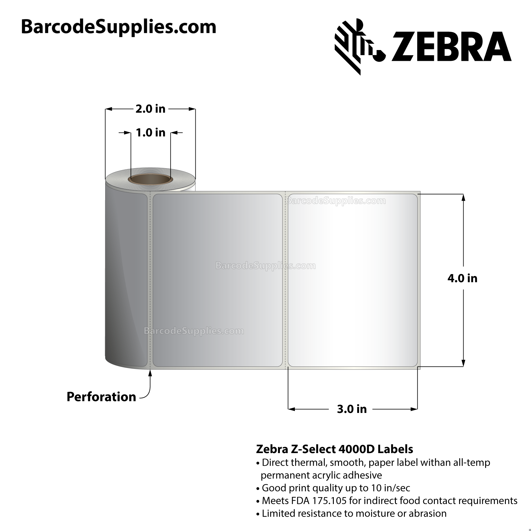 4 x 3 Direct Thermal White Z-Select 4000D Labels With All-Temp Adhesive - Perforated - 110 Labels Per Roll - Carton Of 12 Rolls - 1320 Labels Total - MPN: 800340-305