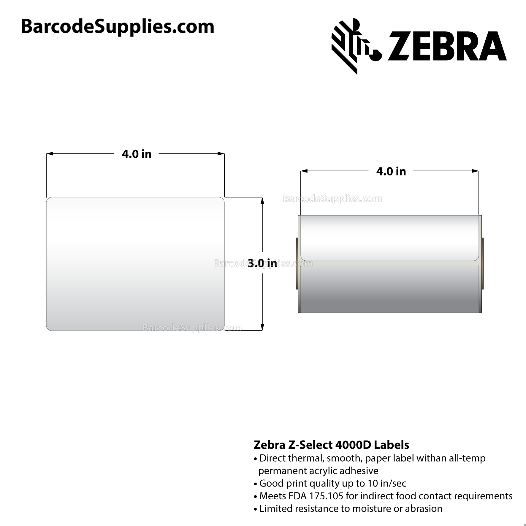 4 x 3 Direct Thermal White Z-Select 4000D Labels With All-Temp Adhesive - Perforated - 110 Labels Per Roll - Carton Of 12 Rolls - 1320 Labels Total - MPN: 800340-305
