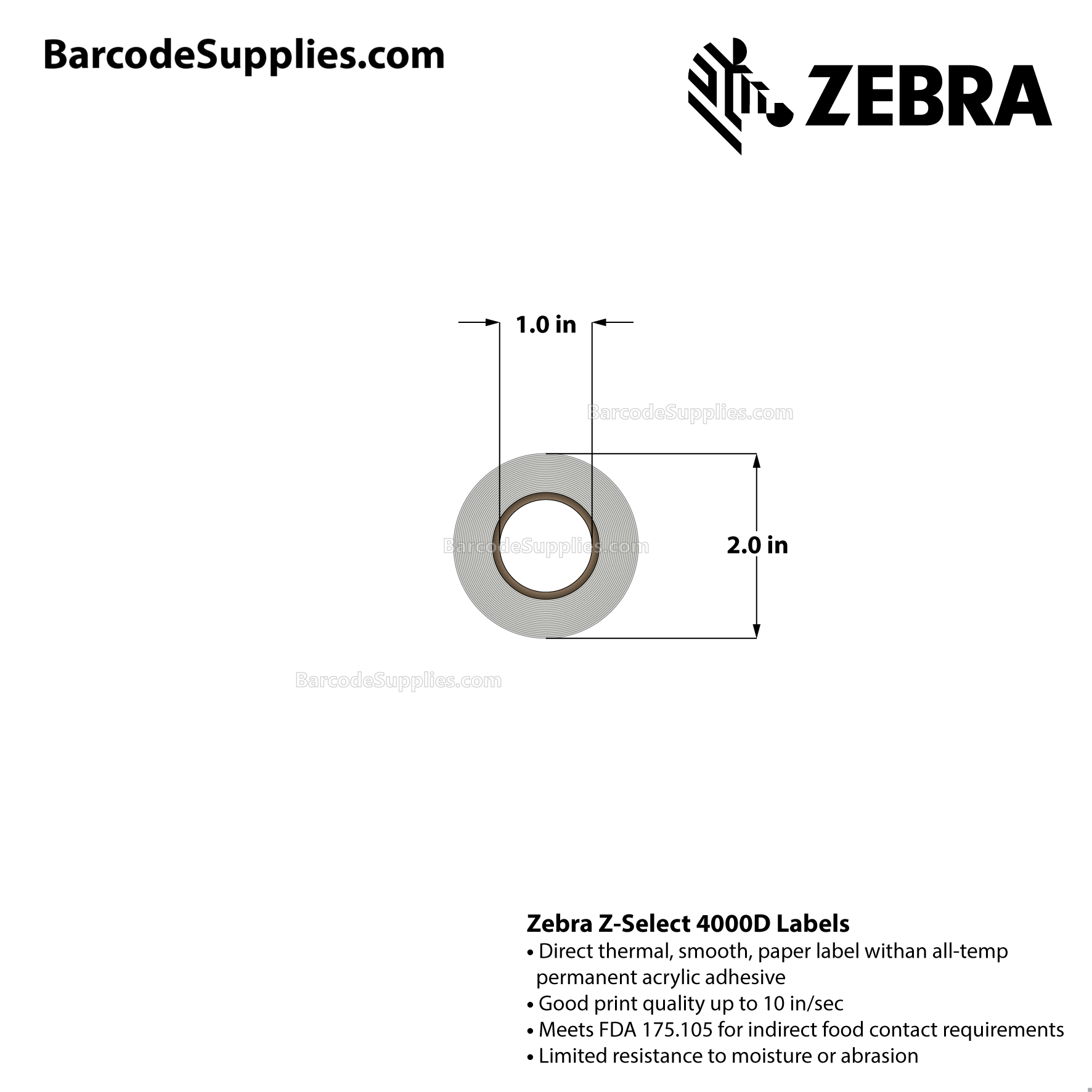 4 x 3 Direct Thermal White Z-Select 4000D Labels With All-Temp Adhesive - Perforated - 110 Labels Per Roll - Carton Of 12 Rolls - 1320 Labels Total - MPN: 800340-305