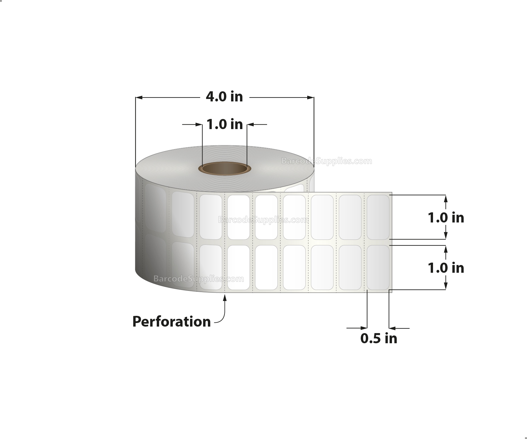 1 x 0.5 Direct Thermal White Labels With Acrylic Adhesive - Perforated - 4900 Labels Per Roll - Carton Of 12 Rolls - 58800 Labels Total - MPN: RD-1-05-4900-1