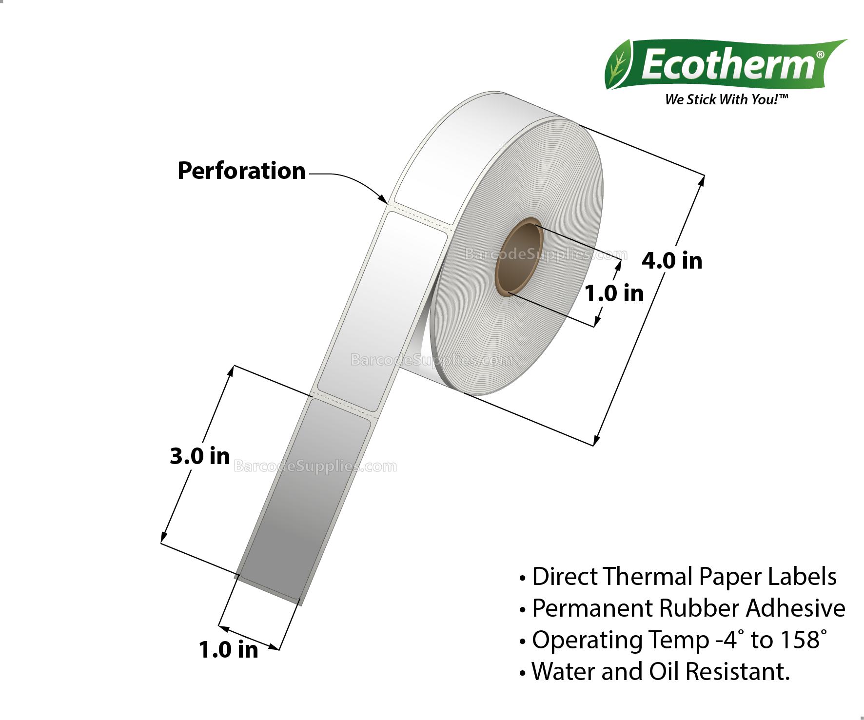 1 x 3 Direct Thermal White Labels With Rubber Adhesive - Perforated - 840 Labels Per Roll - Carton Of 6 Rolls - 5040 Labels Total - MPN: ECOTHERM15112-6